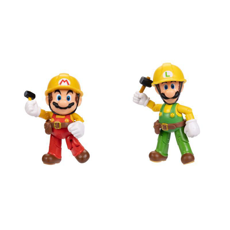 Zwei Mario-Figuren in Bauarbeiter-Outfits. Mario trägt Rot, Luigi Grün, beide halten Hämmer, gelbe Helme.