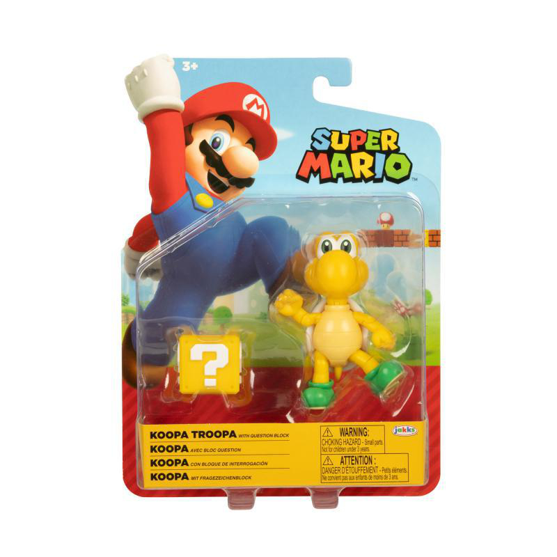 Eine Super Mario Spielzeugverpackung. Sie zeigt Mario, eine Koopa Troopa Figur, einen Frageblock und das Super Mario Logo.