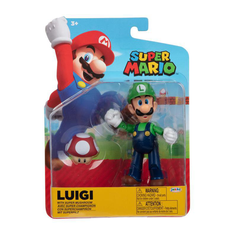Ein Super Mario Spielzeugset mit Mario- und Luigi-Figuren. Die Verpackung zeigt das Super Mario Logo und Warnhinweise.