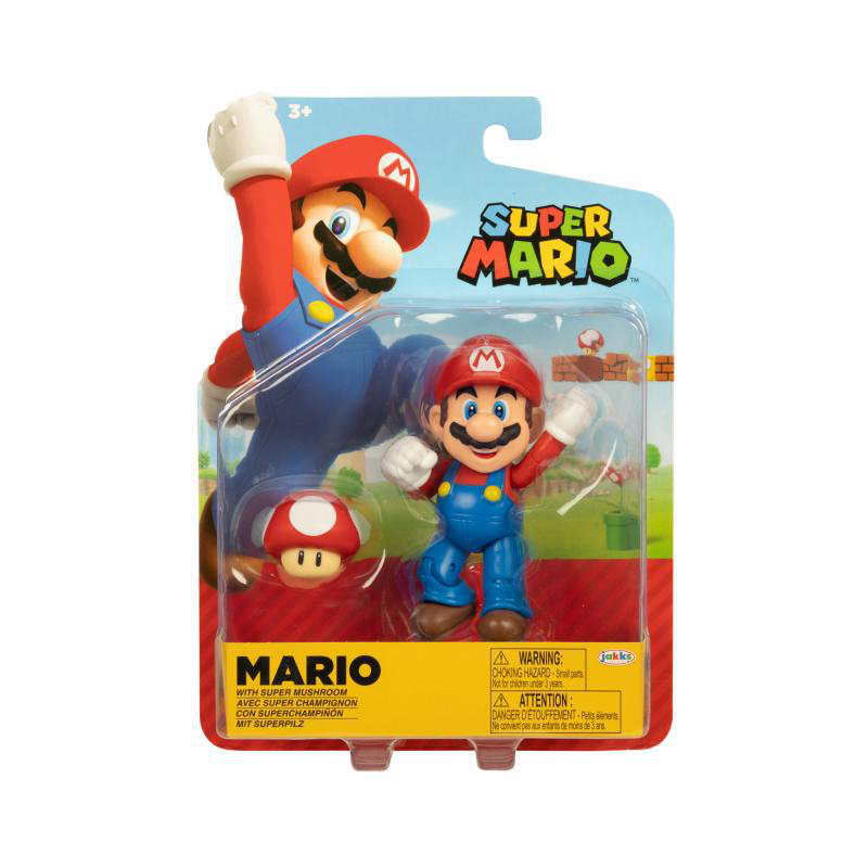 Super Mario-Actionfigur in der Verpackung. Mario trägt rote und blaue Kleidung. Ein Superpilz ist ebenfalls enthalten.