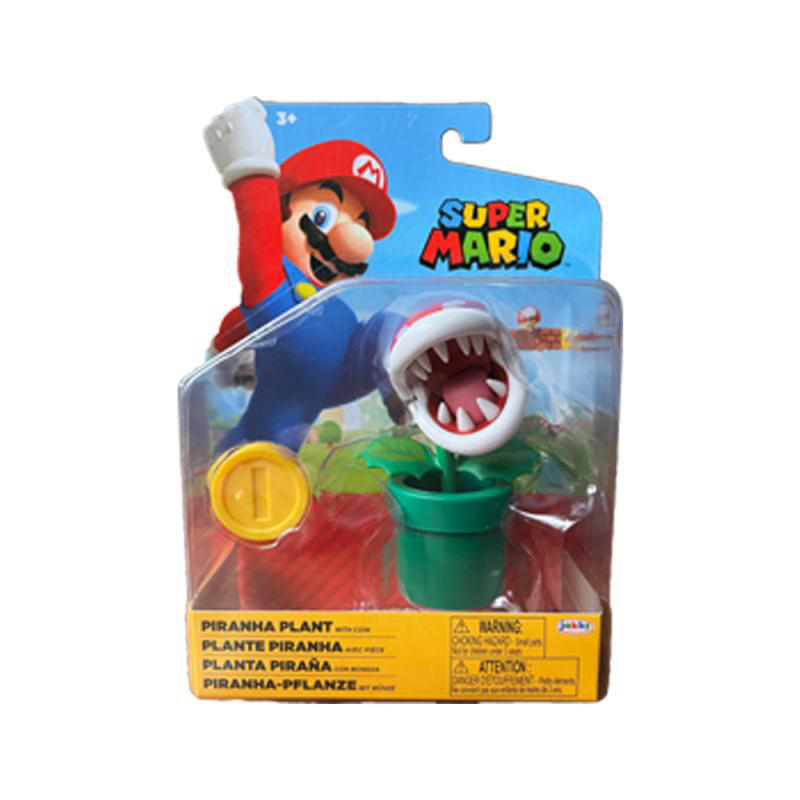 Ein Super Mario Spielzeugset. Es hat eine Piranha-Pflanze-Figur mit offenem Maul und eine Mario-Figur oben. Die Verpackung enthält Warnungen und Text.