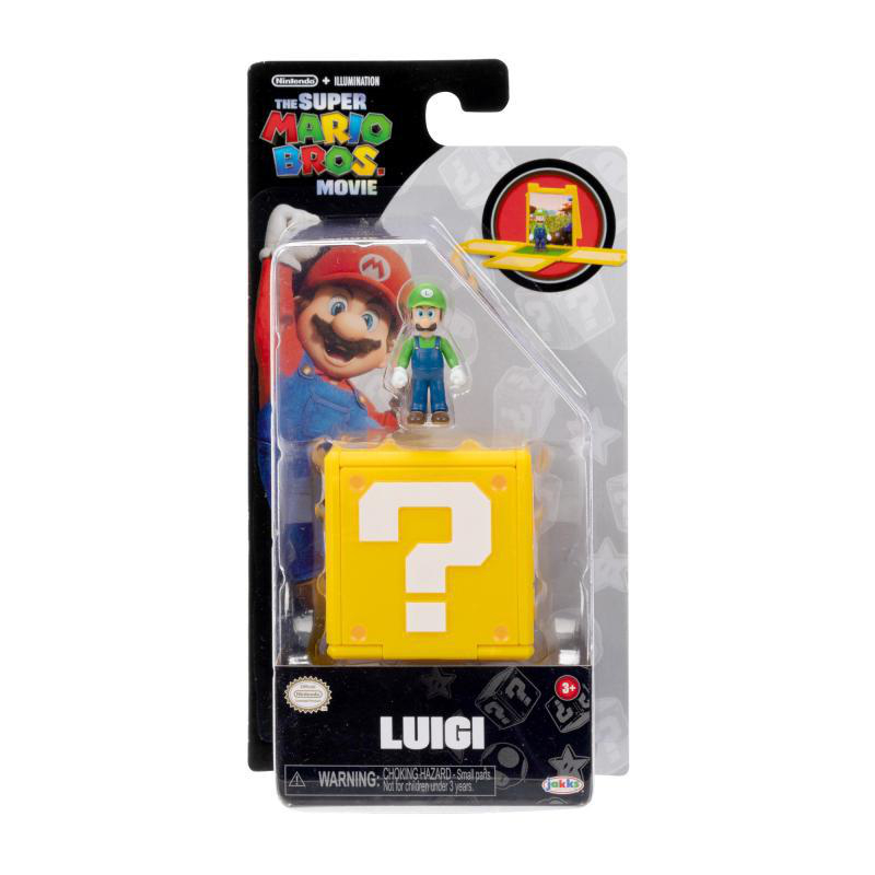 Ein Super Mario Bros. Movie-Spielzeugset. Enthält eine Luigi-Figur, einen gelben Frageblock und Markenlogos auf der Verpackung.