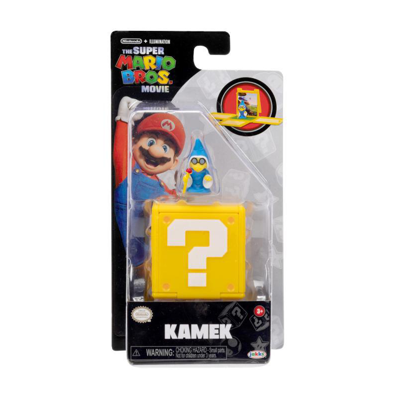 Ein Mario Bros. Film-Spielzeugset. Es enthält eine Kamek-Figur, einen gelben Fragezeichenblock und andere Charaktere.