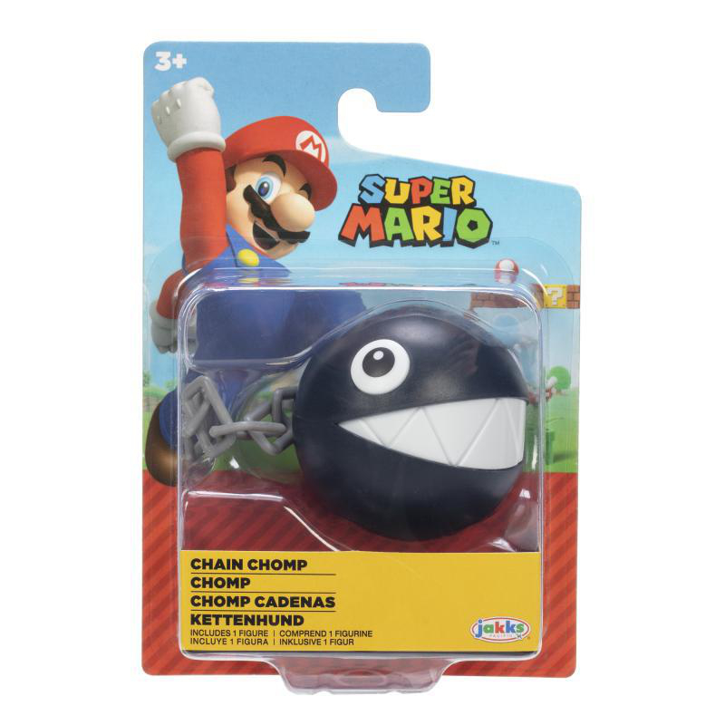 Eine Super Mario-Spielzeugverpackung zeigt Mario und einen Kettenhund. Die Verpackung ist blau und gelb mit Text in mehreren Sprachen.
