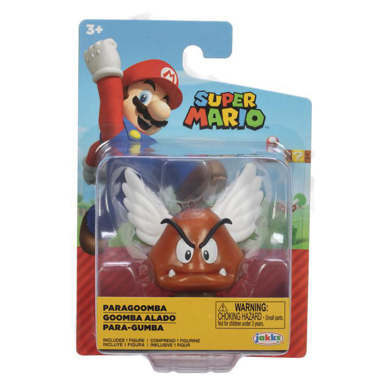 Super Mario Spielzeugverpackung. Sie zeigt eine Paragoomba-Figur mit weißen Flügeln und eine Mario-Figur. Die Verpackung weist '3+' auf.