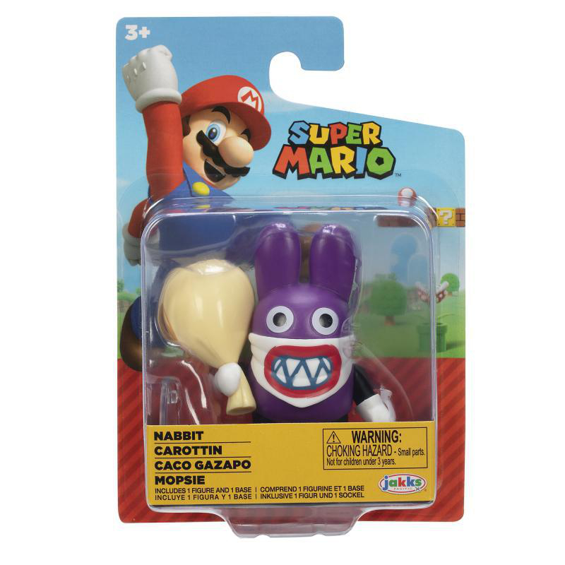 Eine Super Mario Spielzeugverpackung. Sie zeigt Mario und einen lila kaninchenartigen Charakter. Die Verpackung enthält eine Warnung wegen Erstickungsgefahr.