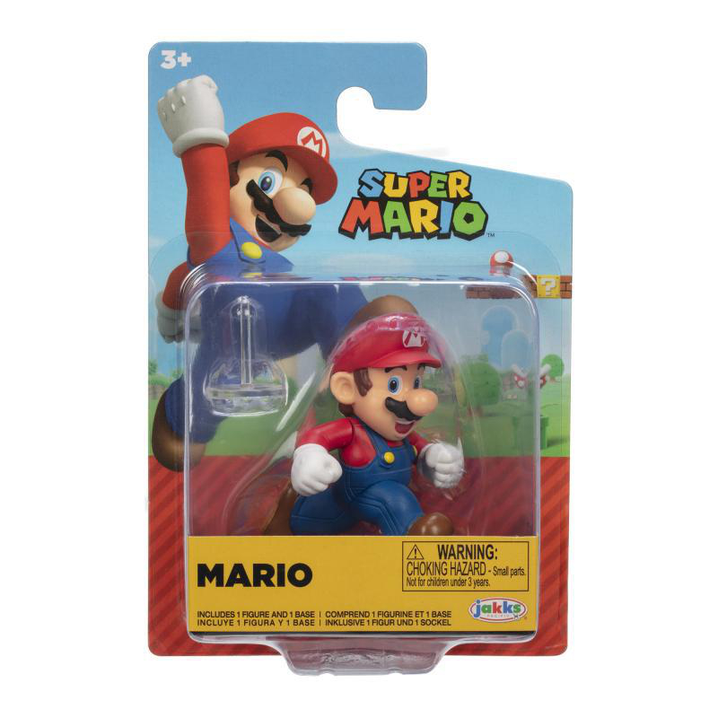 Eine Super Mario Spielfigur in Verpackung. Sie zeigt Mario mit roter Mütze und Latzhose. Die Verpackung hat das Super Mario Logo.