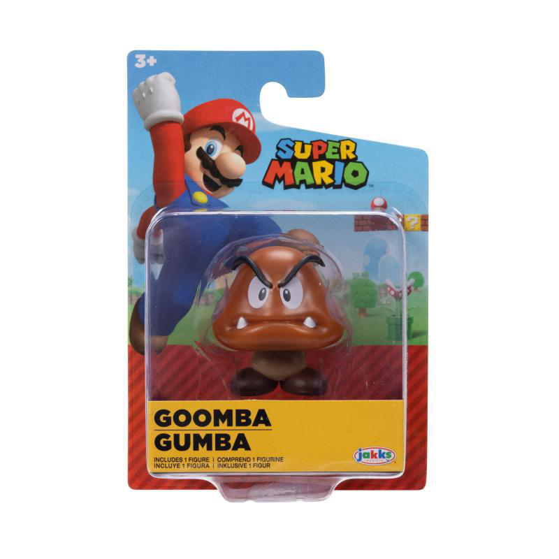 Eine Super Mario Spielzeugverpackung. Sie hat eine Goomba-Figur in einem Plastikgehäuse, Mario im Hintergrund und das "Super Mario"-Logo.
