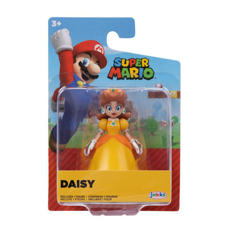 Super Mario Daisy-Figur in Verpackung. Die Verpackung zeigt Mario und das Super Mario-Logo. Die Figur ist gelb und orange.