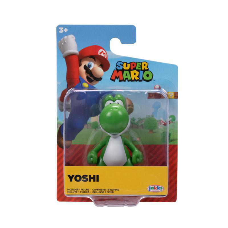 Eine Super Mario-Spielzeugverpackung mit Yoshi und Mario. Yoshi ist grün, Mario ist rot. Die Verpackung hat das Super Mario-Logo.