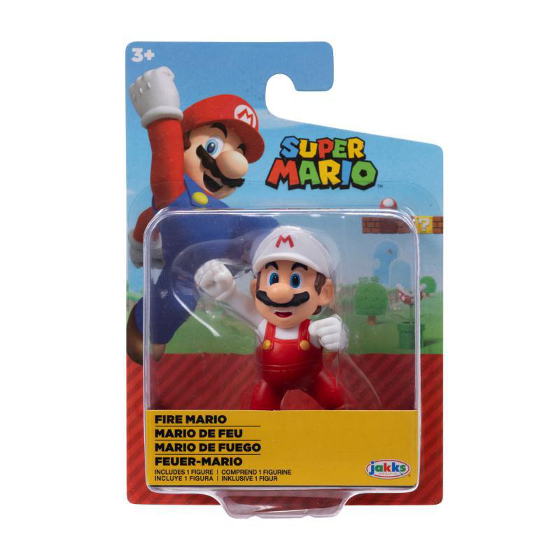 Eine Super Mario Spielzeugverpackung. Sie zeigt eine Fire Mario-Figur, mit dem Super Mario-Logo und Text in mehreren Sprachen.