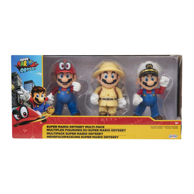Ein Super Mario Odyssey Multi-Pack mit drei Mario-Figuren in verschiedenen Outfits. Die Verpackung ist gelb und blau.
