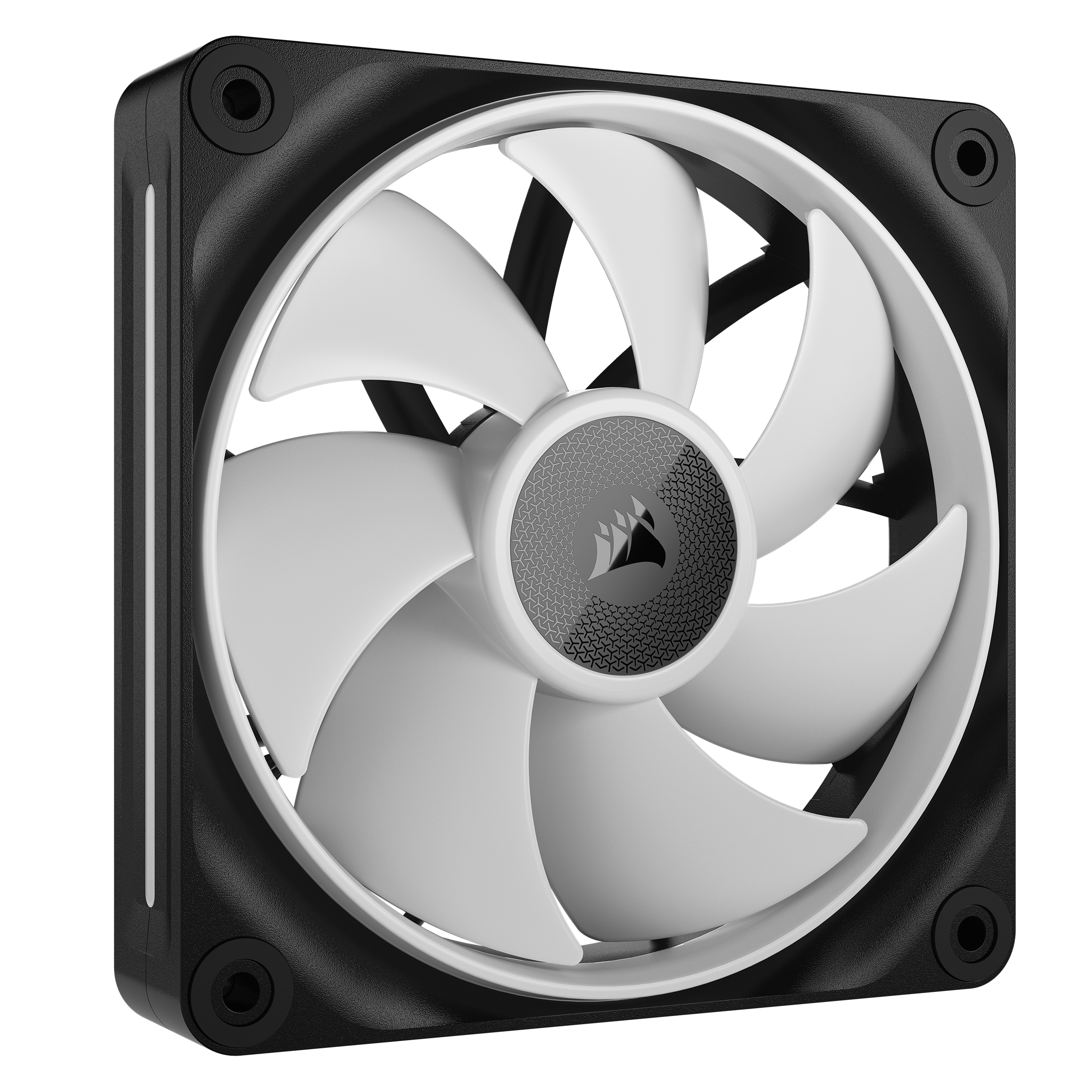 Ein Computerlüfter mit weißen Flügeln, einem schwarzen Rahmen und dem Corsair-Logo in der Mitte.