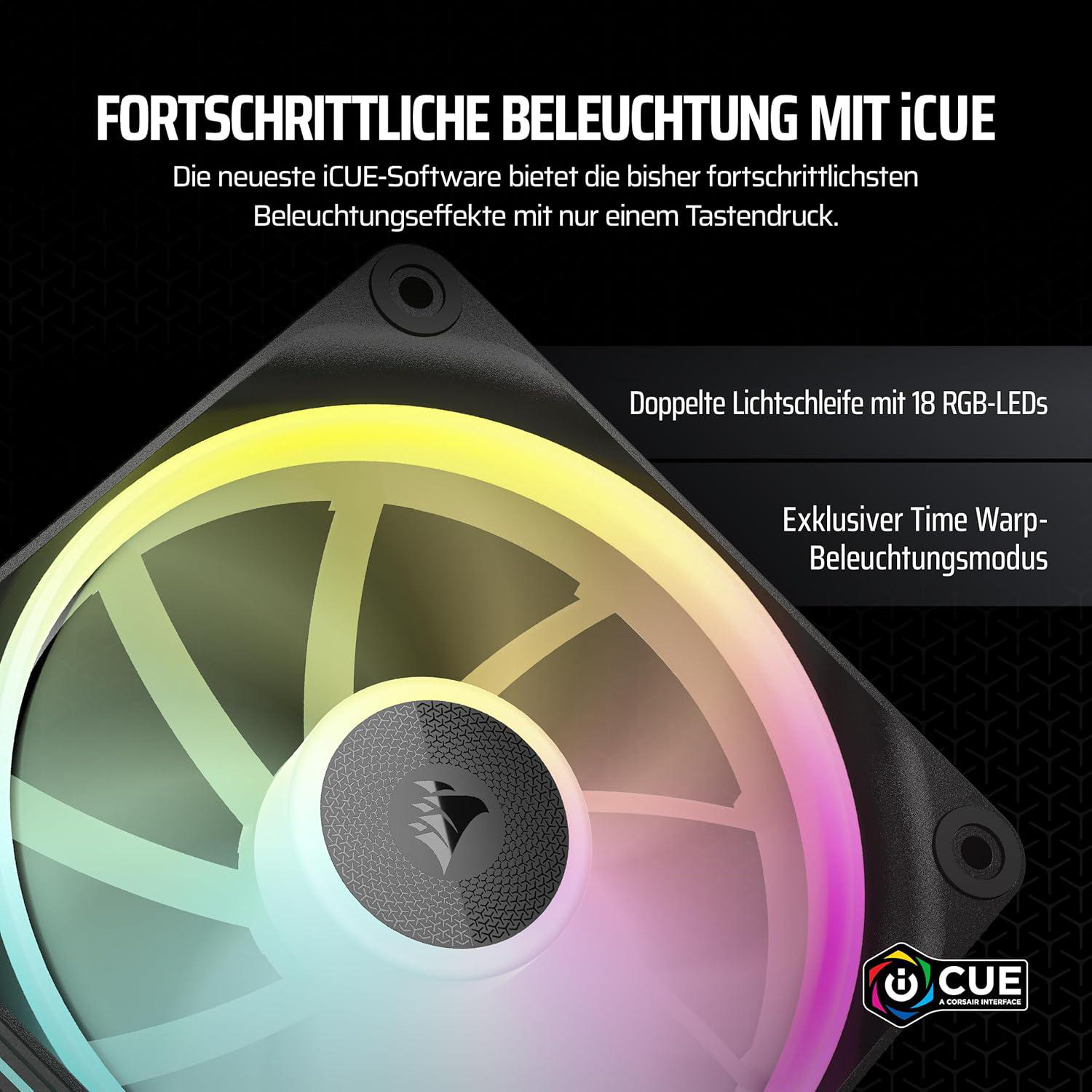 Ein Lüfter mit bunten Lichtern, einem schwarzen Rahmen und dem Corsair iCUE-Logo. Text beschreibt fortschrittliche Lichteffekte.