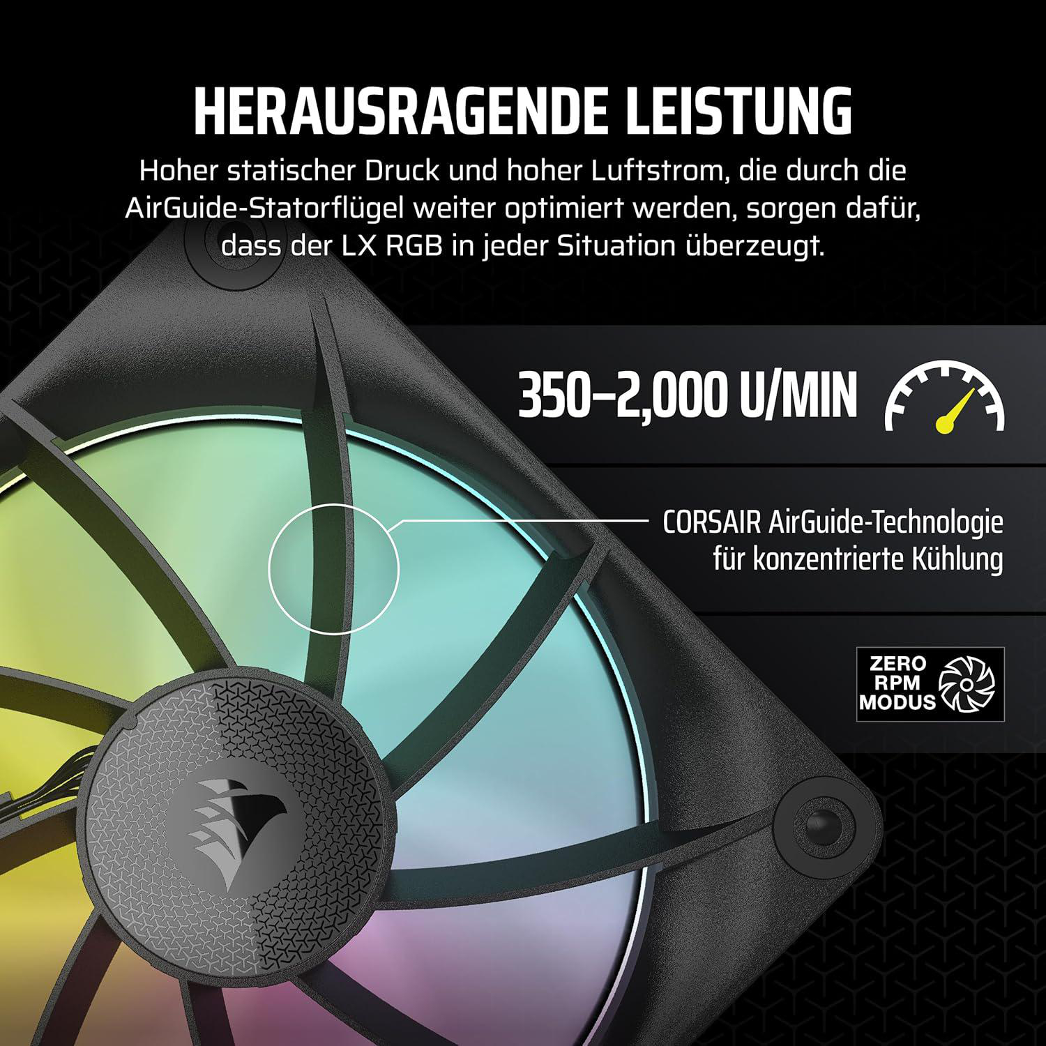 Nahaufnahme eines schwarzen Computerlüfters mit farbigen Blättern. Der Text enthält 'HERAUSRAGENDE LEISTUNG' und technische Daten.