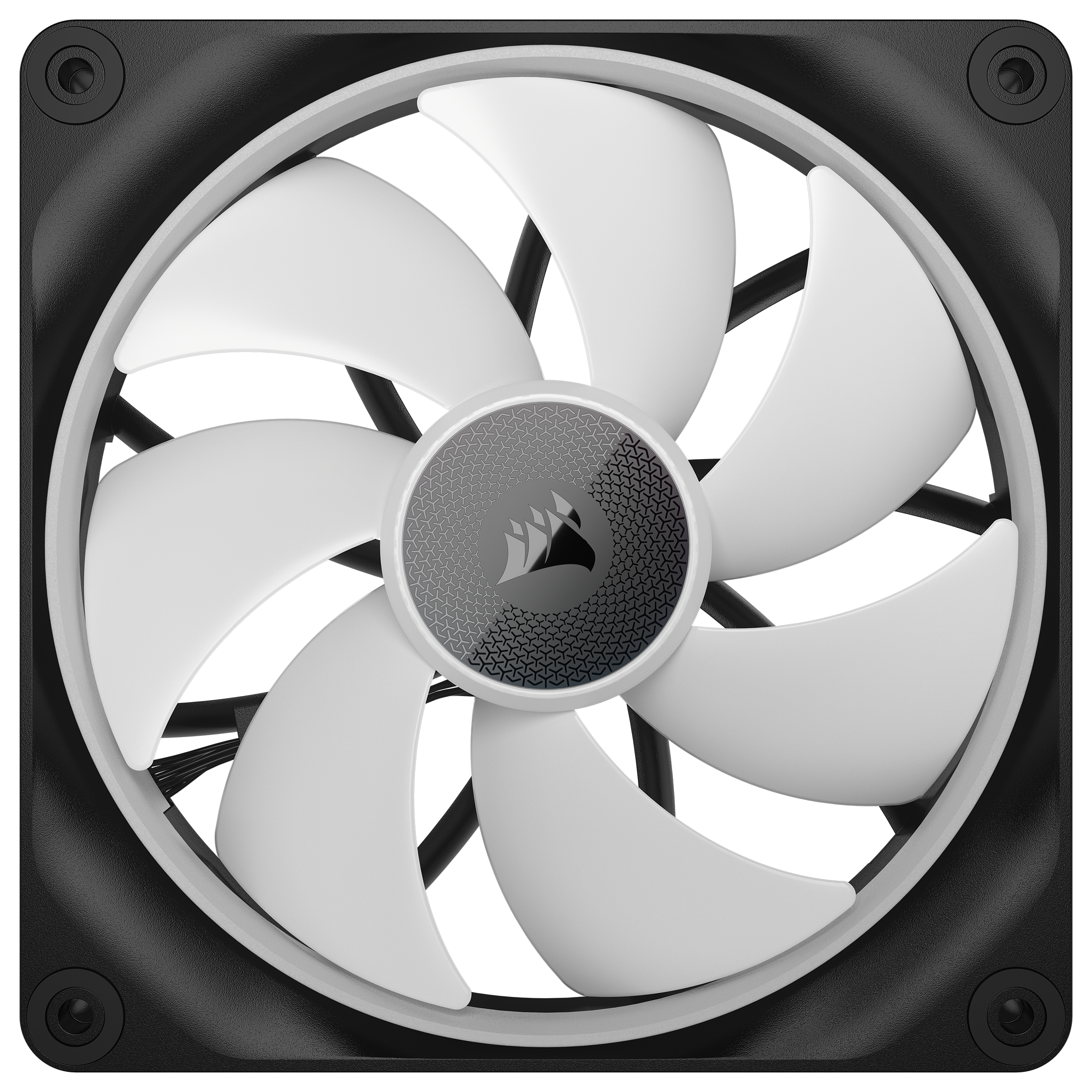 Ein Computerlüfter mit weißen Blättern und einem zentralen Logo. Er befindet sich in einem schwarzen Rahmen.