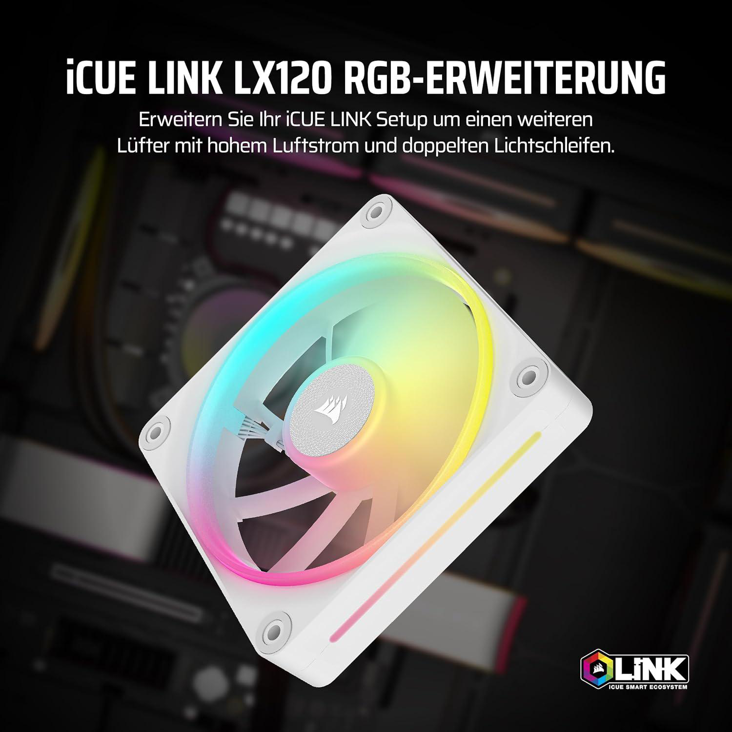 Ein weißer PC-Lüfter mit mehrfarbigen Lichtern wird angezeigt. Er hat vier Befestigungslöcher und das iCUE LINK-Logo unten rechts.