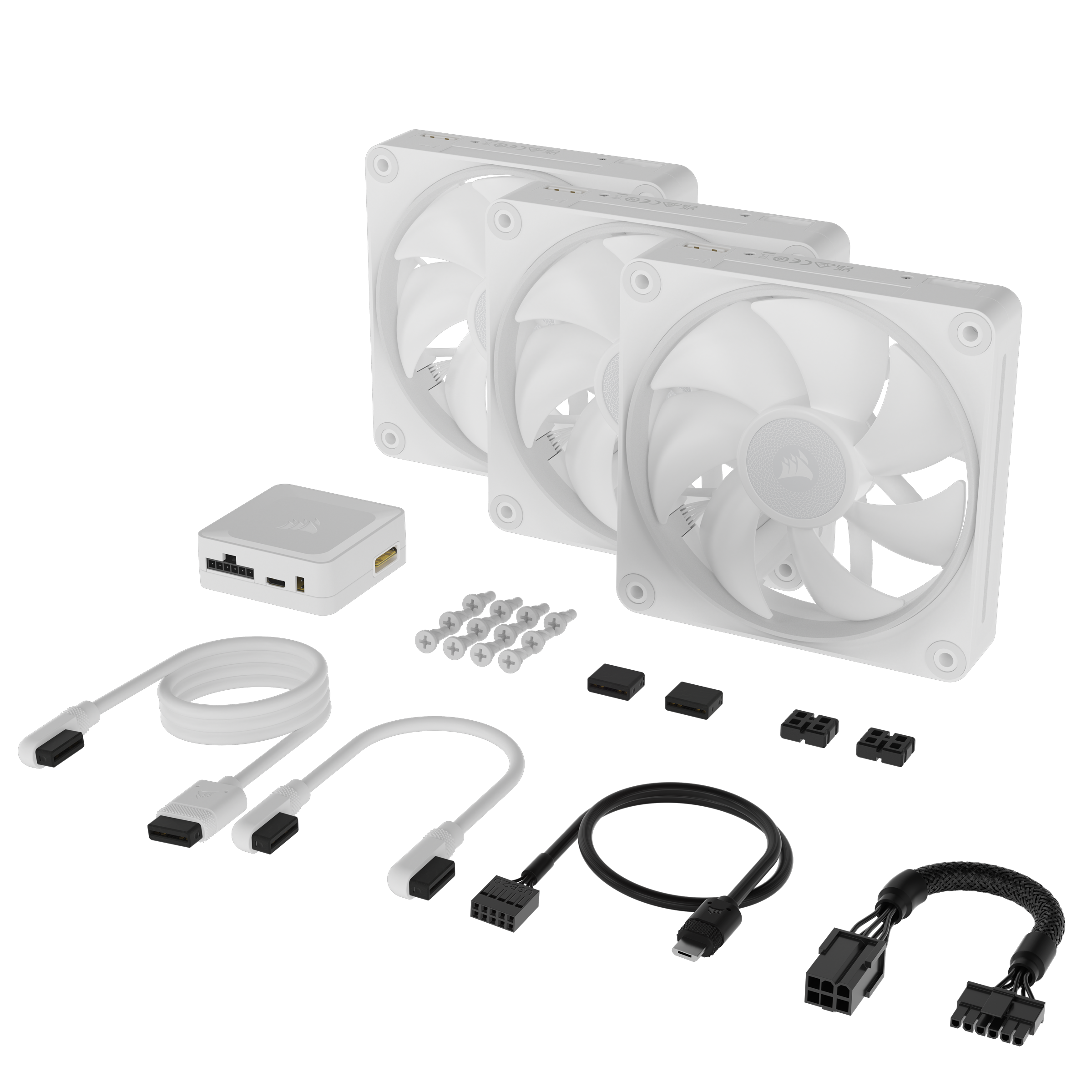 Weiße Computerlüfter, Kabel und eine Steuerbox. Zubehör umfasst Schrauben und Stecker, alles auf schwarzem Hintergrund.