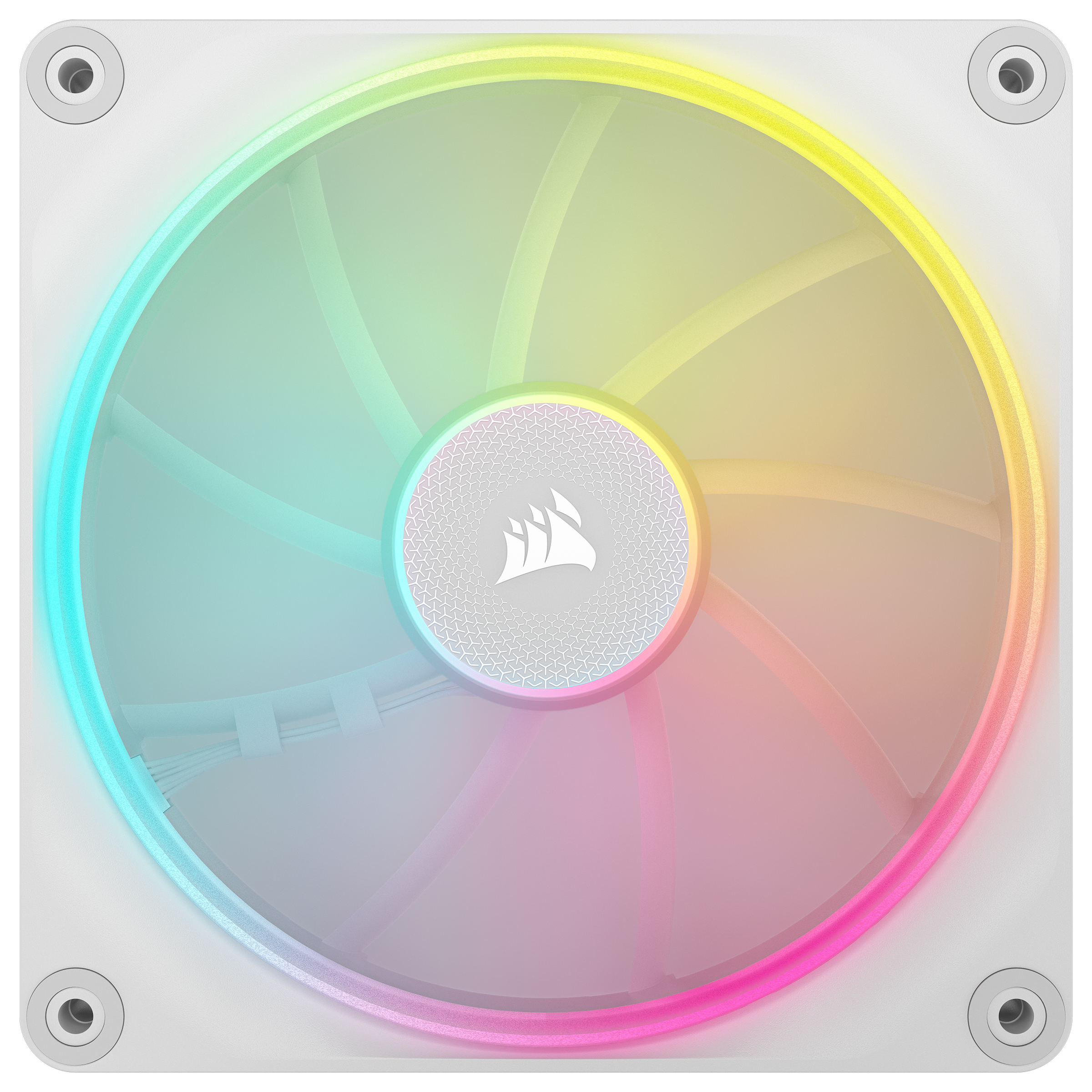 Weißer Lüfter mit Regenbogen-LED-Ring und -Blättern. Corsair-Logo in der Mitte. Vier Befestigungslöcher.