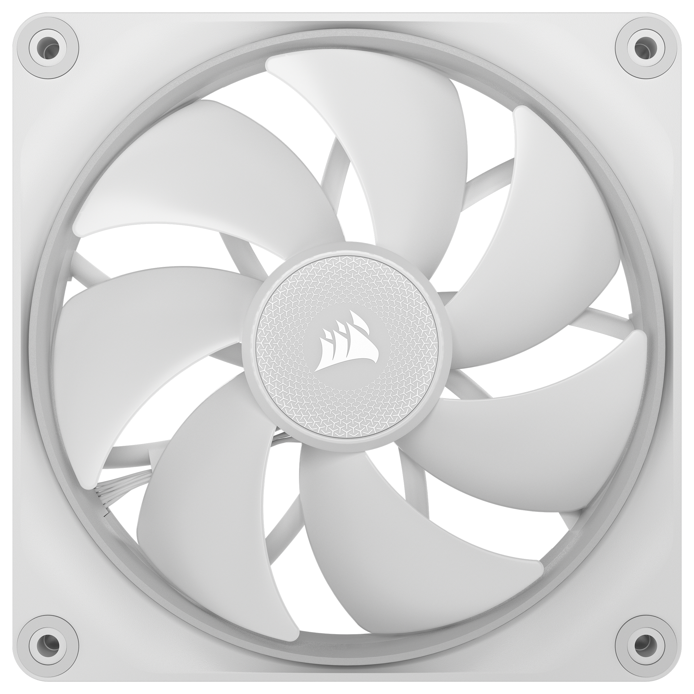 Weißer Computerlüfter mit sieben Blättern. Die Mitte hat ein Logo. Der Lüfter ist von einem weißen Rahmen mit Schraubenlöchern umgeben.