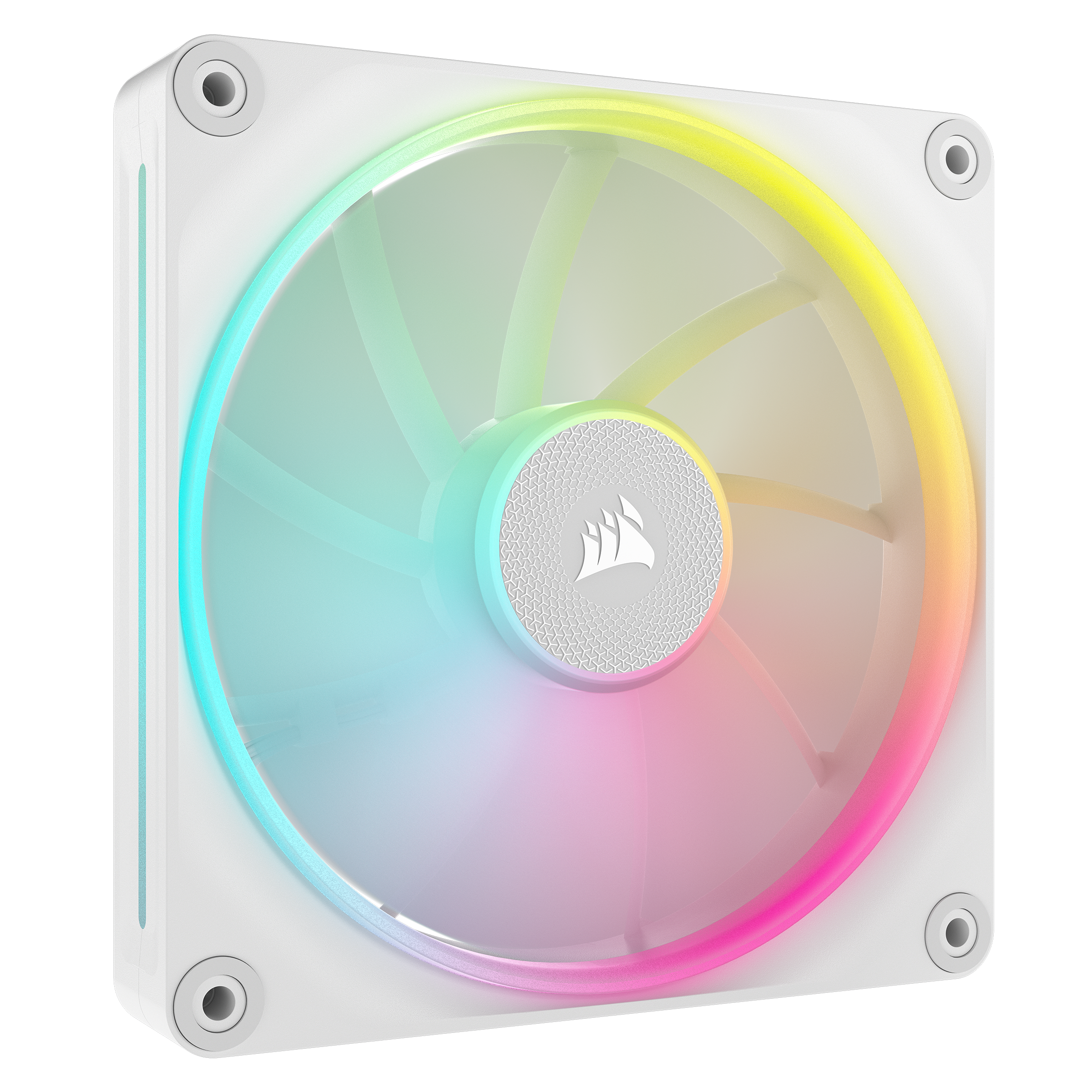 Ein weißer Computerlüfter mit mehrfarbiger, regenbogenartiger Lichtanzeige. Der Lüfter hat ein zentrales Logo.