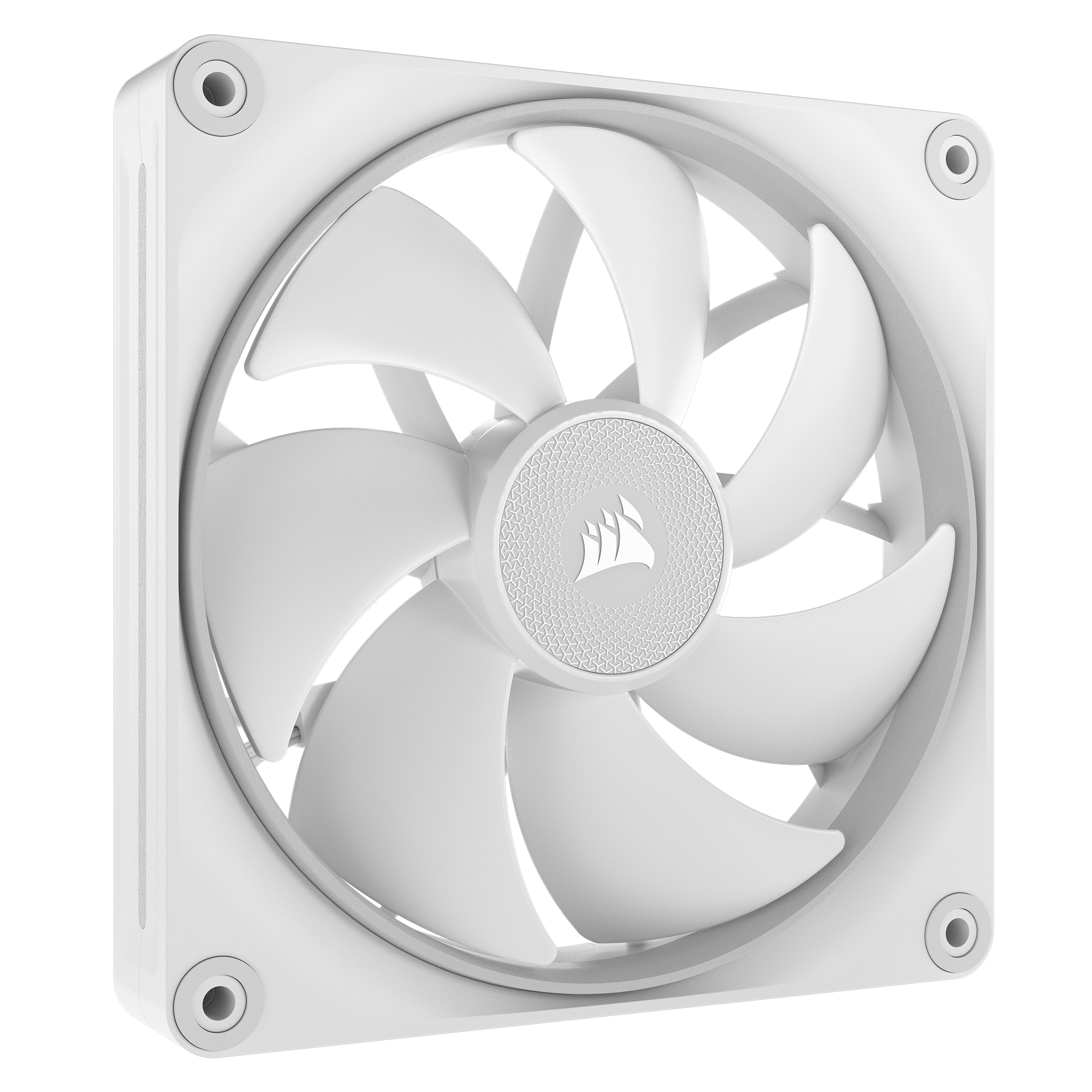 Weißer Computerlüfter mit sieben Flügeln, einem zentralen Logo und einem quadratischen Rahmen auf schwarzem Grund.