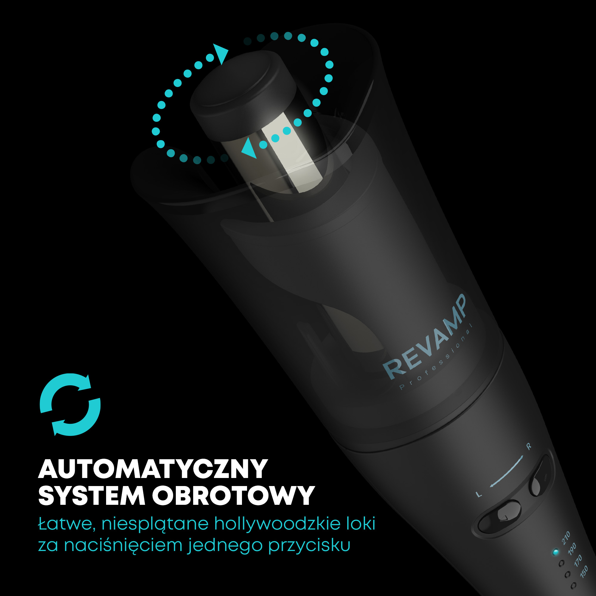 Czarna lokówka z niebieskimi akcentami. Tekst: 'Automatyczny system obrotowy' i 'Hollywoodzkie loki' na czarnym tle.