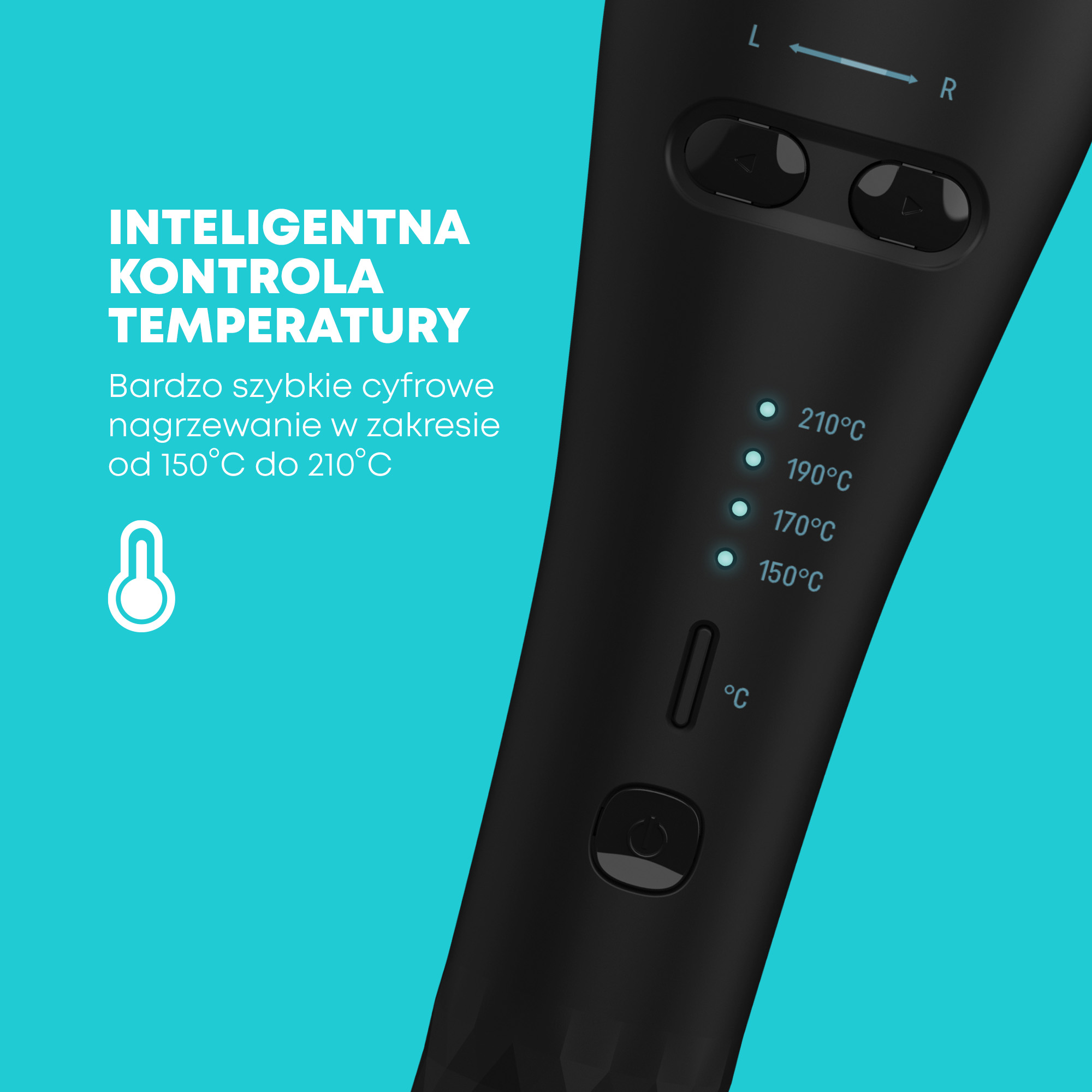 Czarne urządzenie z ustawieniami temperatury i przyciskami sterowania. Napis po polsku: 'Inteligentna kontrola temperatury'.