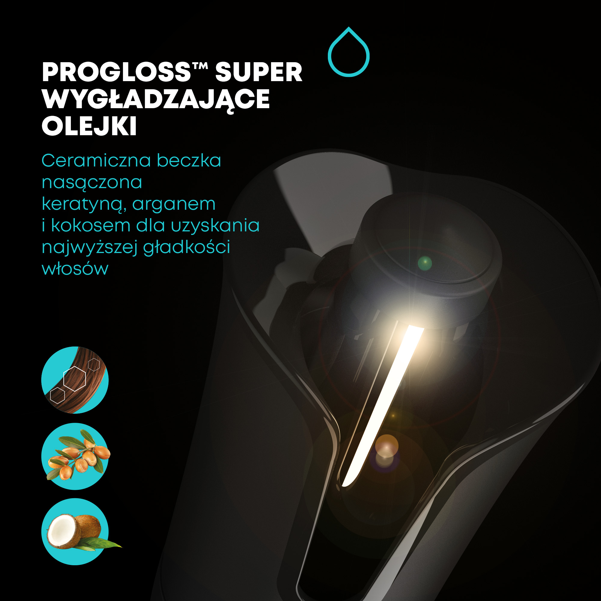 Obrazek przedstawia ciemny produkt z tekstem: PROGLOSS SUPER WYGŁADZAJĄCE OLEJKI. Promuje ceramiczną beczkę z keratyną, arganem i kokosem.