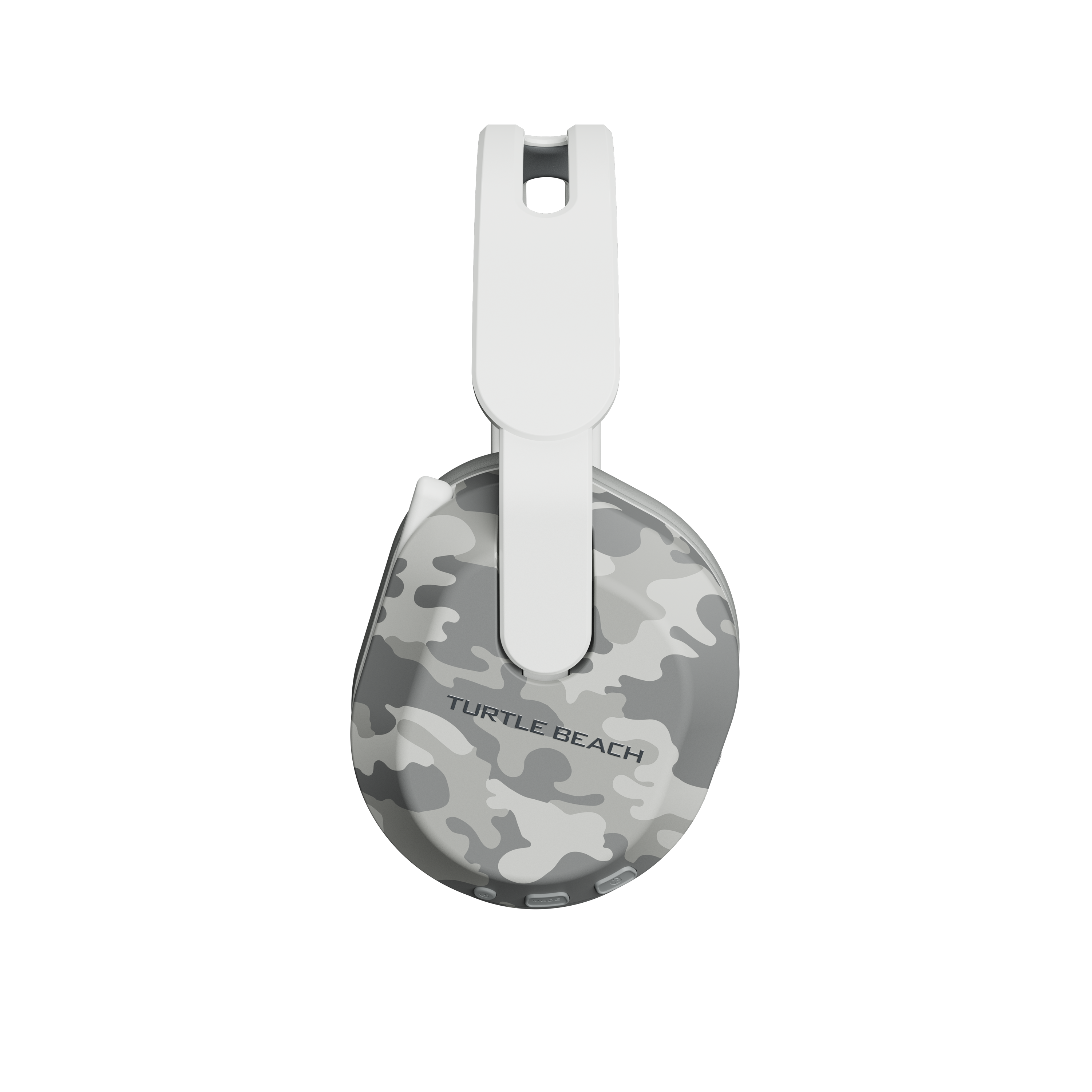 Weiß-graues Camouflage-Headset, Marke Turtle Beach, auf schwarzem Hintergrund. Das Headset hängt.