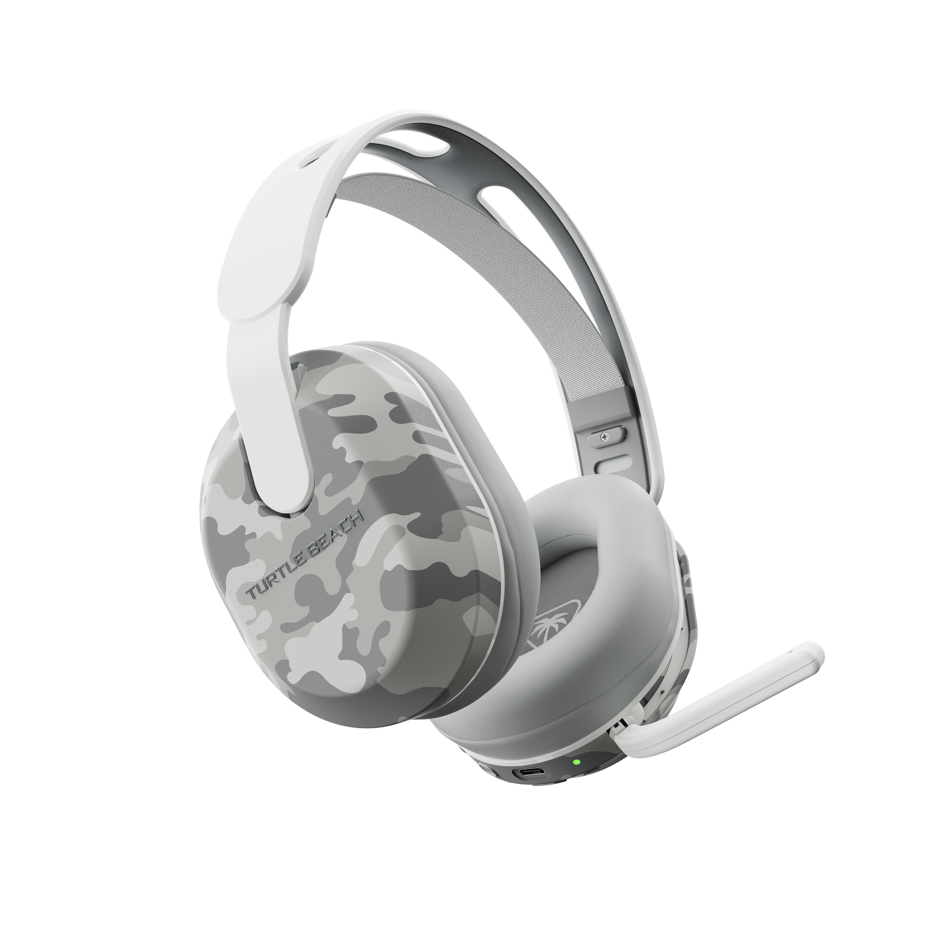 Weiß-graues Turtle Beach-Headset mit Tarnmuster, Mikrofon und schwarzem Hintergrund.