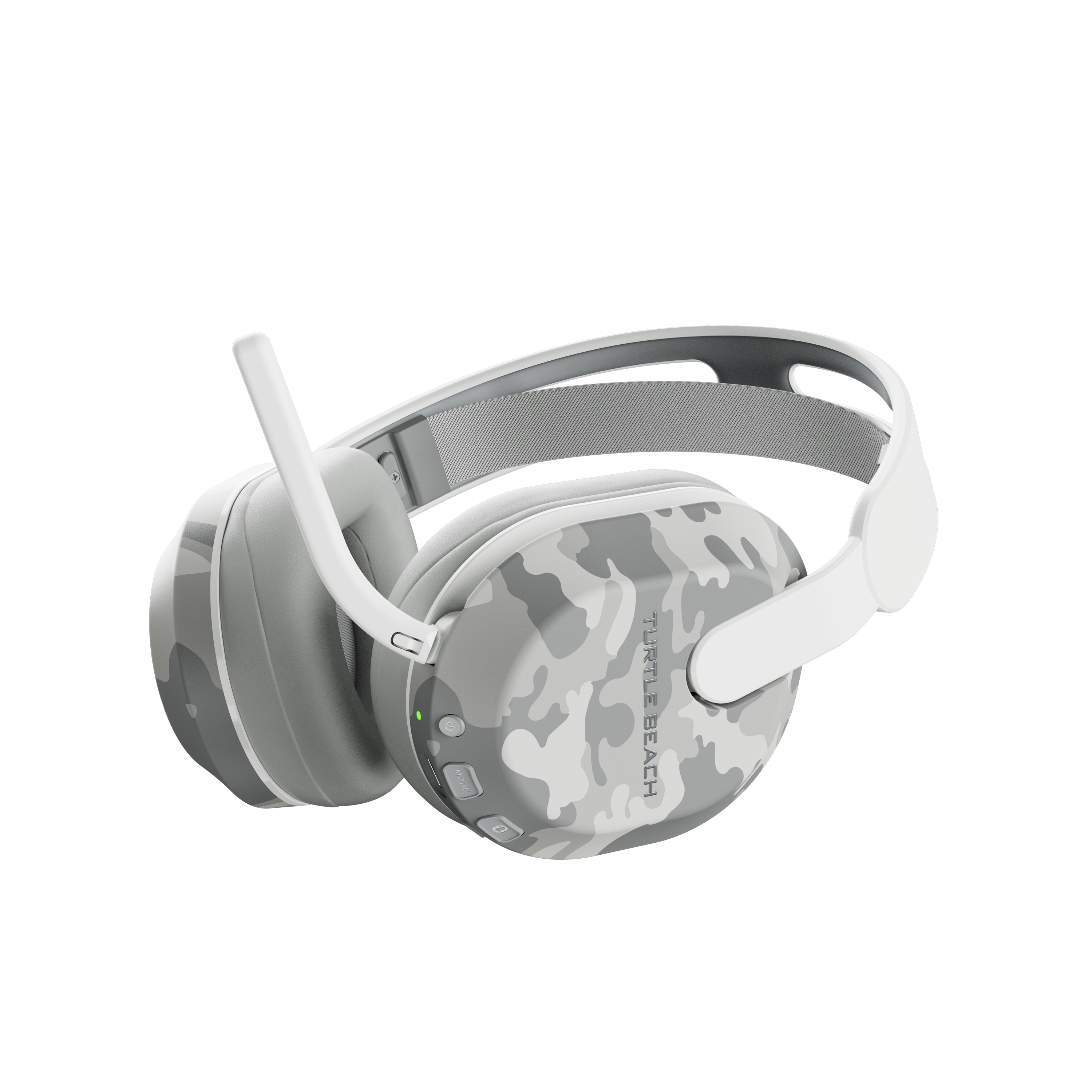 Ein Turtle Beach Gaming-Headset. Es ist weiß und grau mit einem Camouflage-Muster auf den Ohrmuscheln und einem schwarzen Hintergrund.