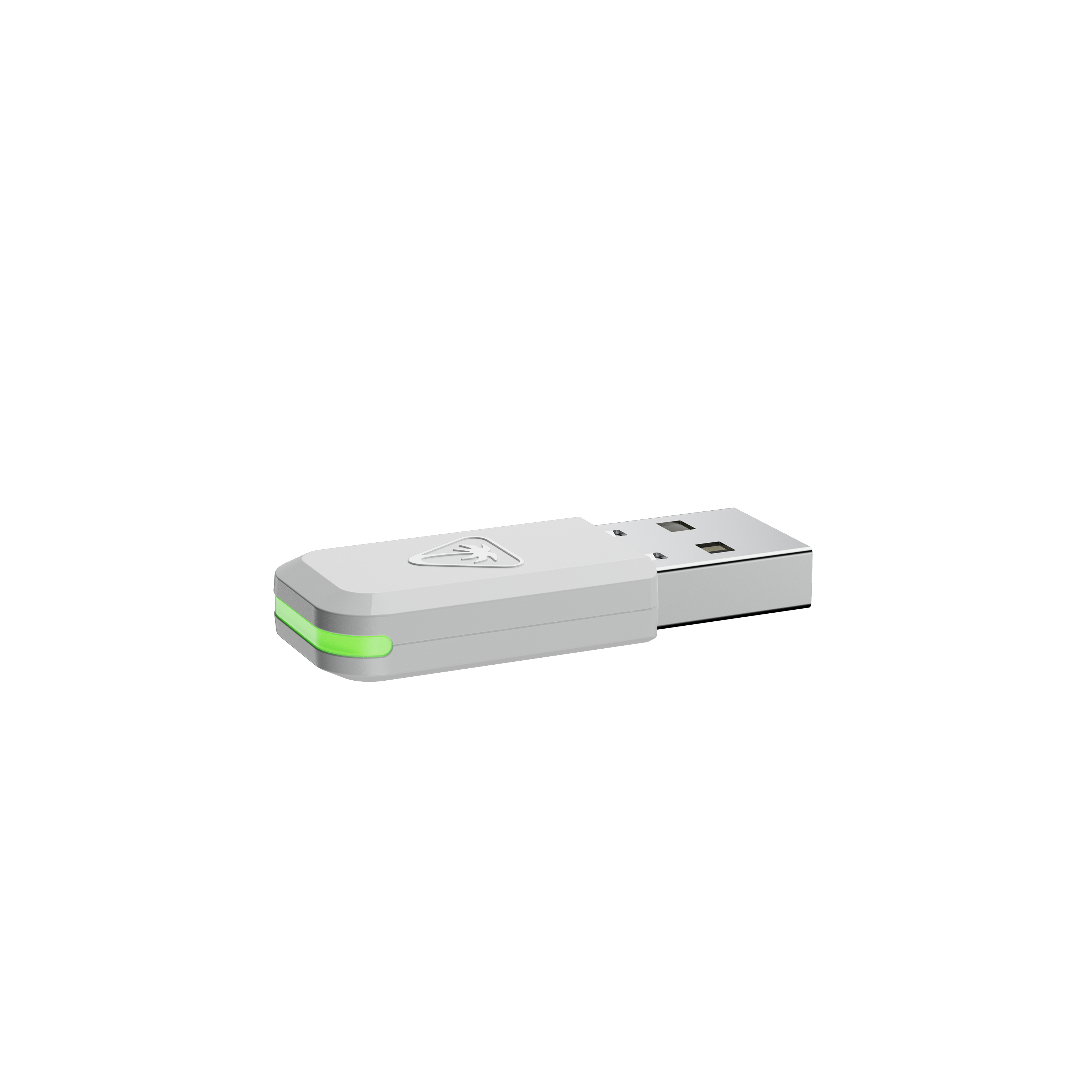 Ein weißer USB-Stick mit grünem Licht am Ende. Der Hintergrund ist tiefschwarz.