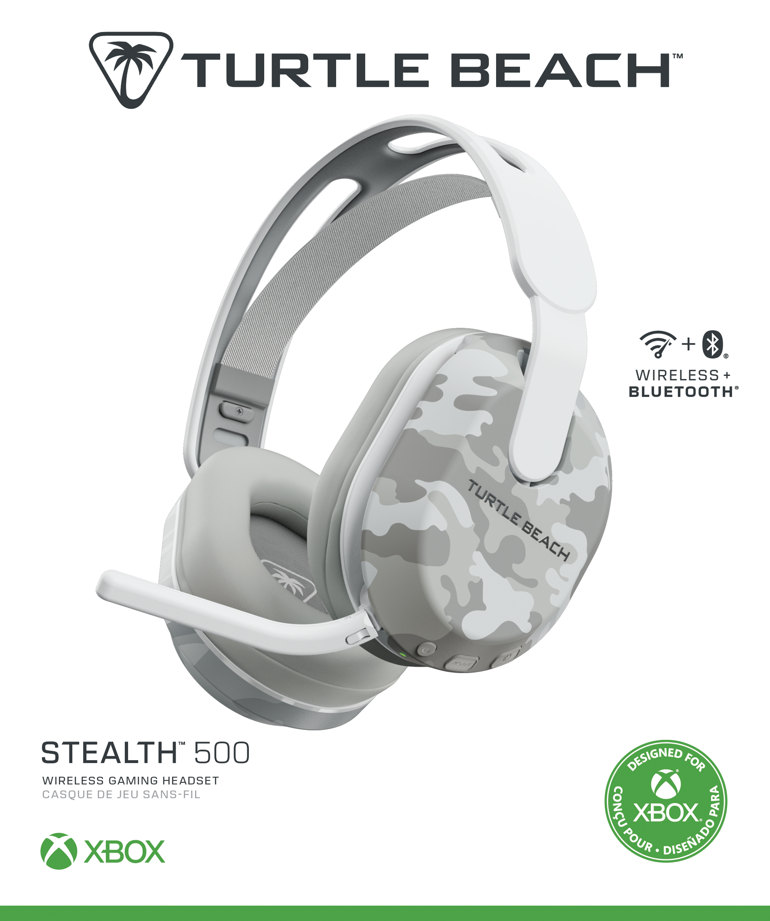 Ein weißes und graues Turtle Beach Stealth 500 Wireless-Gaming-Headset für Xbox mit Tarnmuster auf den Ohrmuscheln.