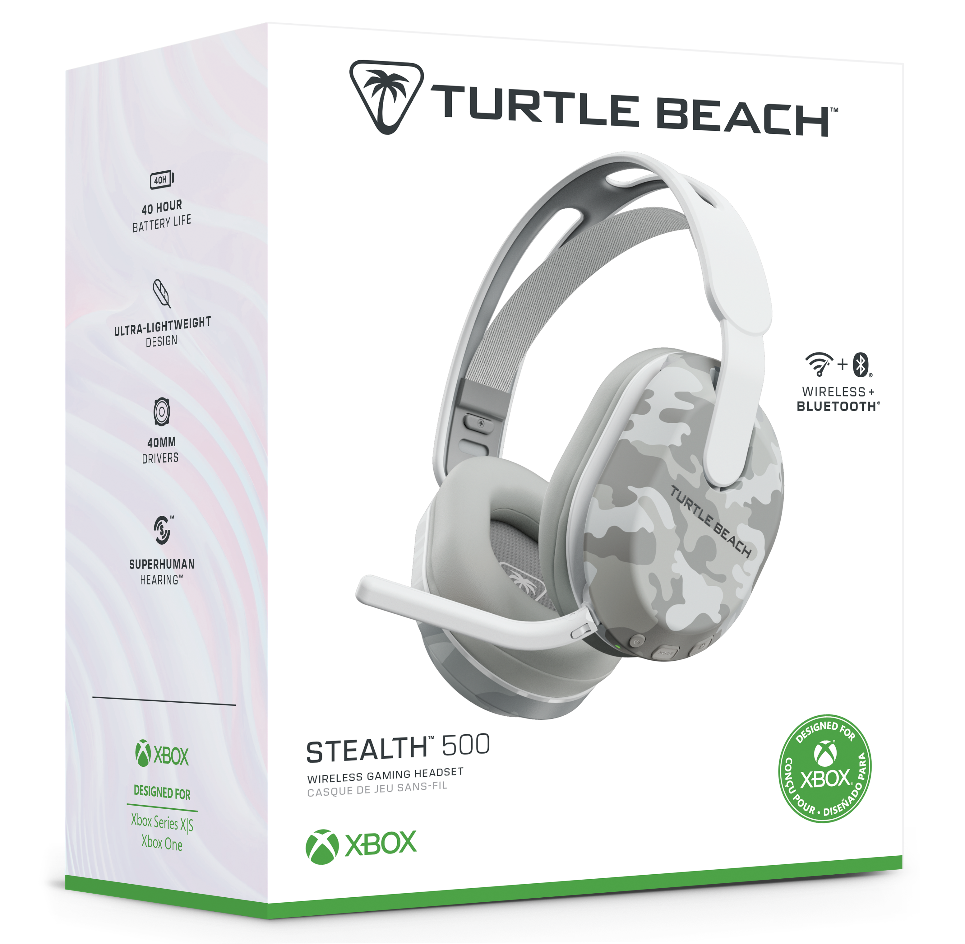 Box mit Headset. Stealth 500, kabelloses Gaming-Headset für Xbox. Weißes und graues Tarnmuster.
