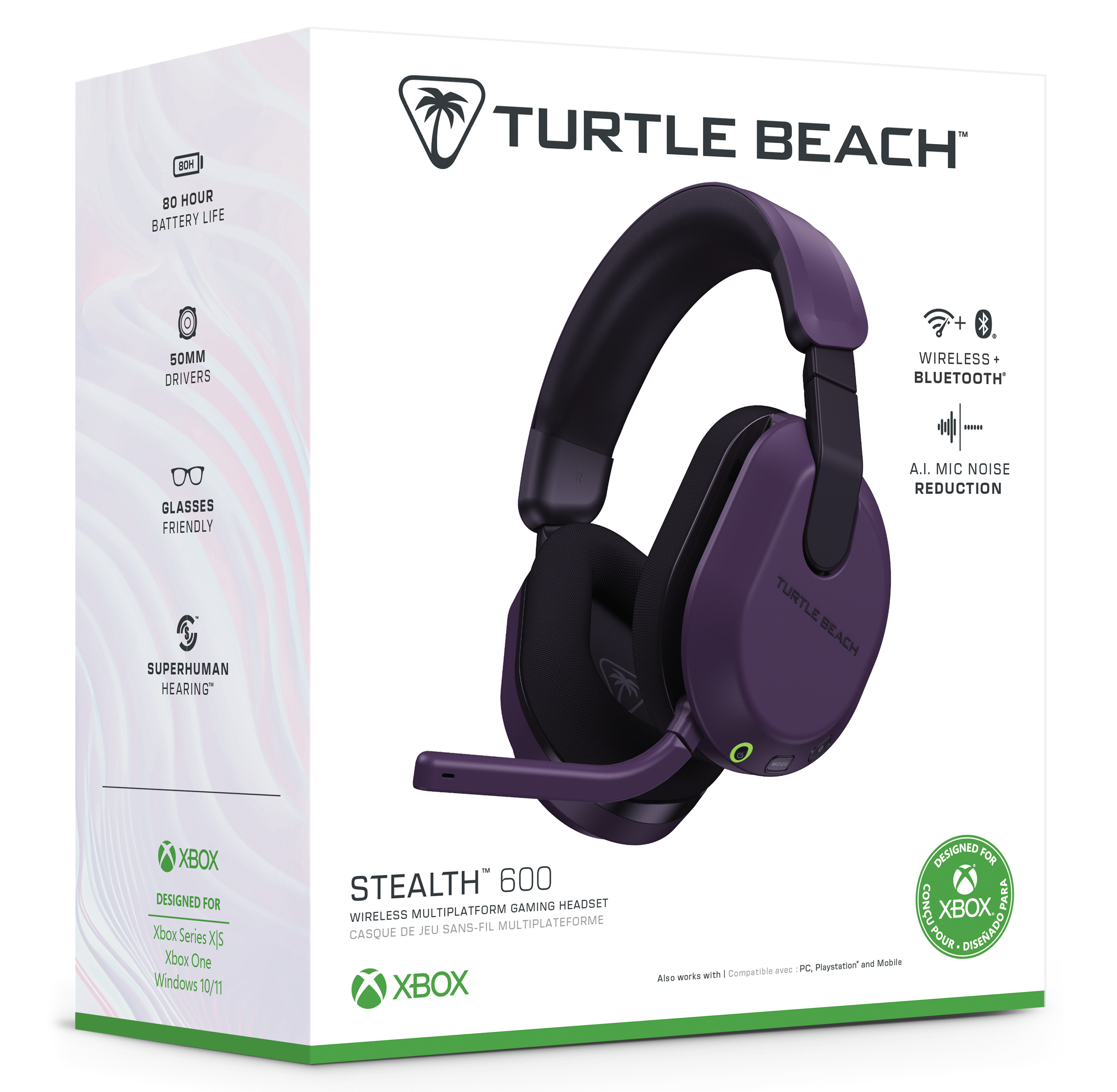 Eine lila Turtle Beach Stealth 600 Headset-Box. Merkmale sind 80 Stunden Akkulaufzeit, 50-mm-Treiber und Geräuschreduzierung.
