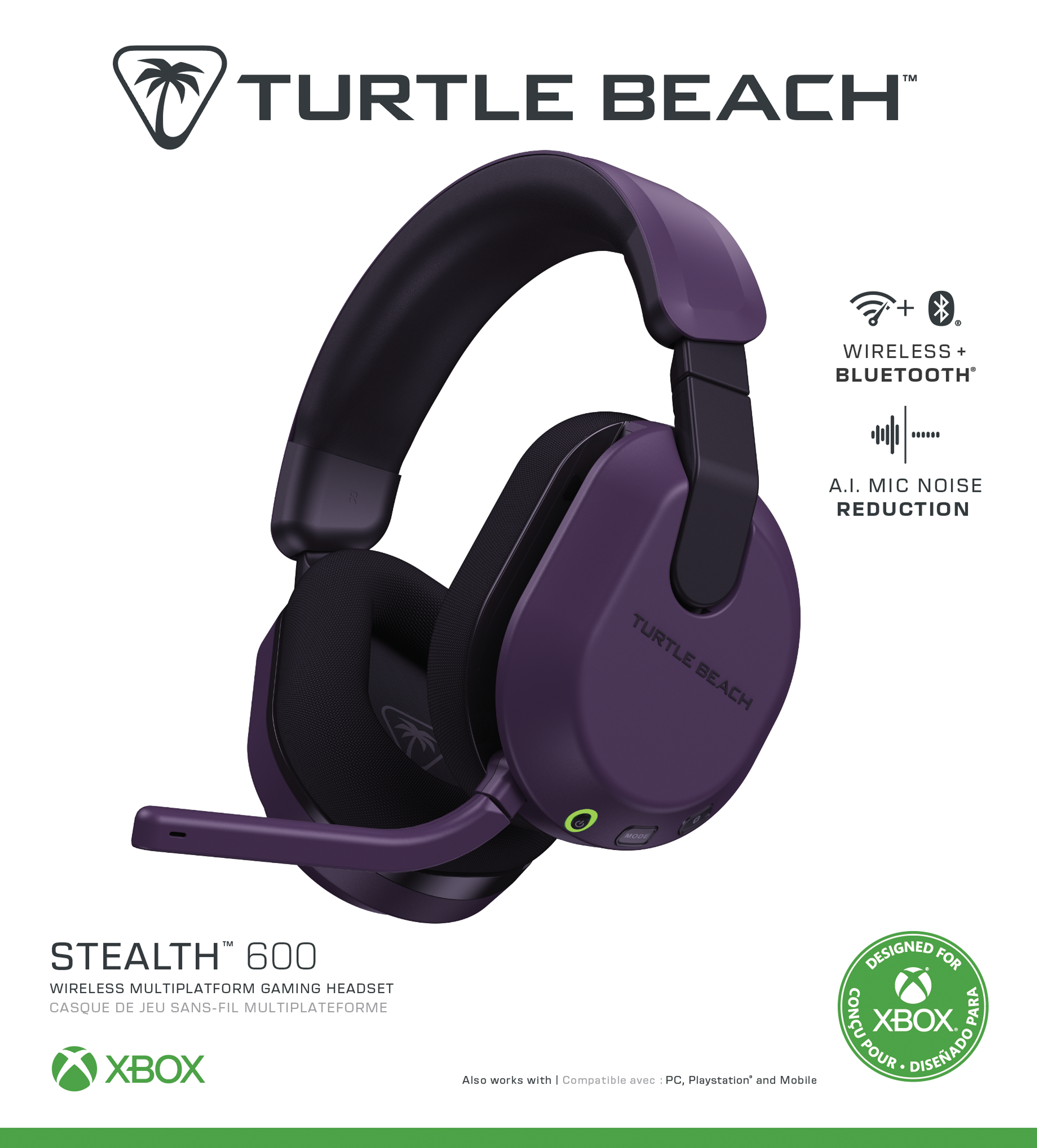 Lila Turtle Beach Stealth 600 Gaming-Headset. Mit Wireless, Bluetooth und A.I. Geräuschunterdrückung. Für Xbox entwickelt.