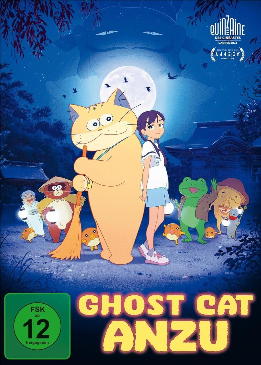 Poster für "Ghost Cat Anzu". Ein Mädchen steht mit einer Katze und anderen Charakteren unter einem mondbeschienenen Himmel. Text: "Cannes 2024".