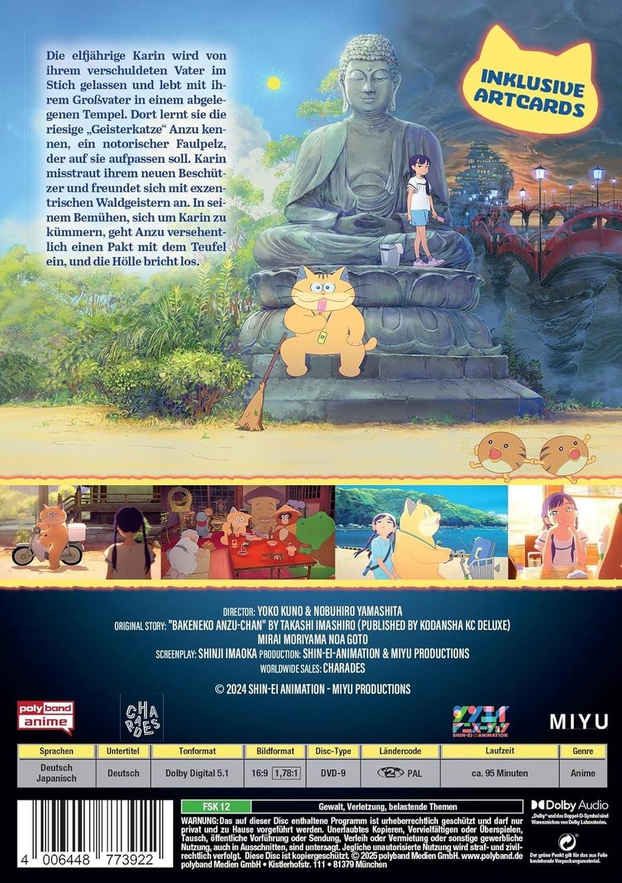 Cover des Animationsfilms. Ein Mädchen und eine Katze sitzen in der Nähe einer großen Buddha-Statue. Text auf Deutsch.