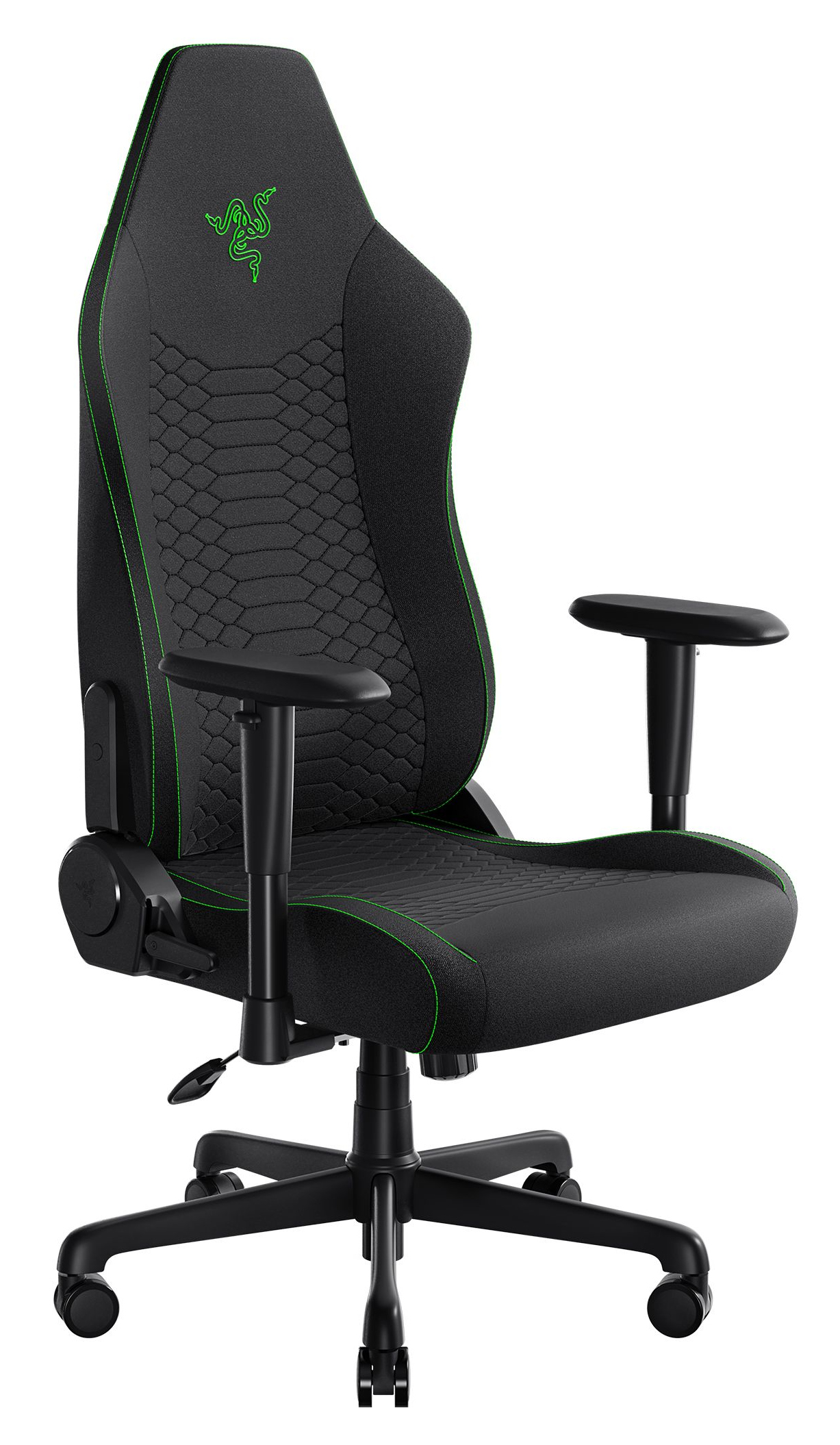 Czarny fotel gamingowy Razer z zielonymi przeszyciami. Posiada logo węża na zagłówku, podłokietnikach i pięciokołowej podstawie.