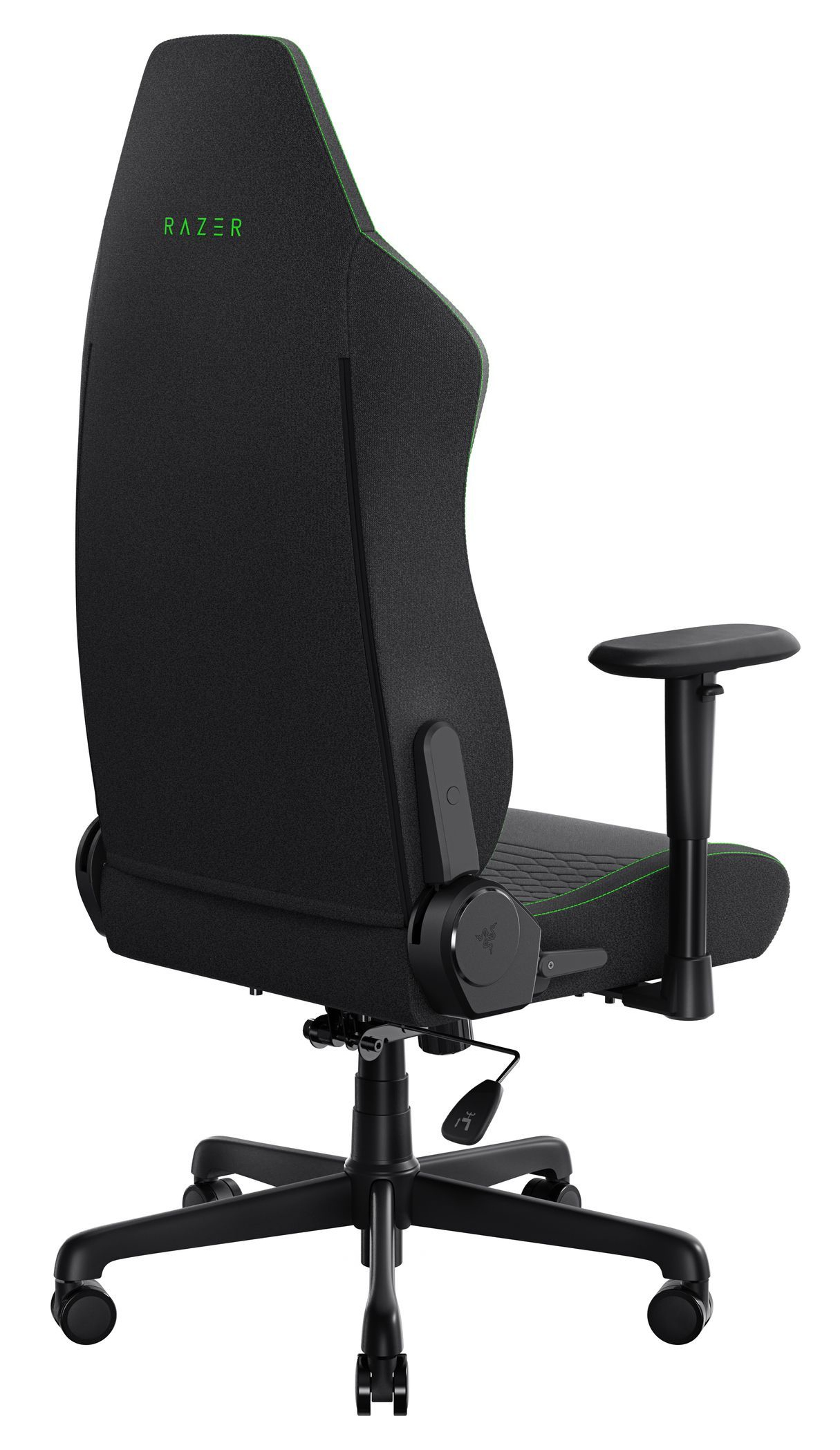 Czarny fotel gamingowy Razer. Zielone akcenty na oparciu i siedzisku. Logo Razer na zagłówku i mechanizmie.