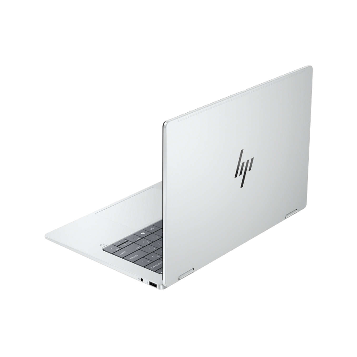 Silver laptop with the HP logo on the back, angled open. The keyboard is visible. White background.