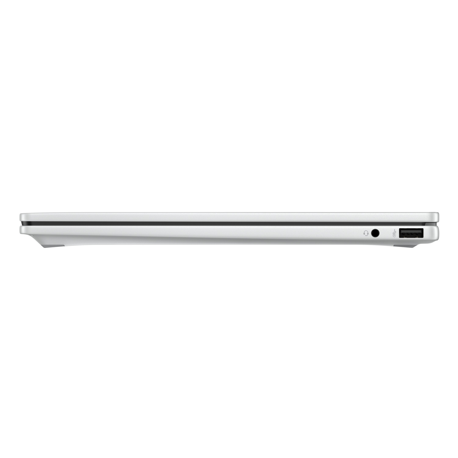 Side view of a silver laptop. Visible are a headphone jack, a USB port, and a charging port. The background is white.