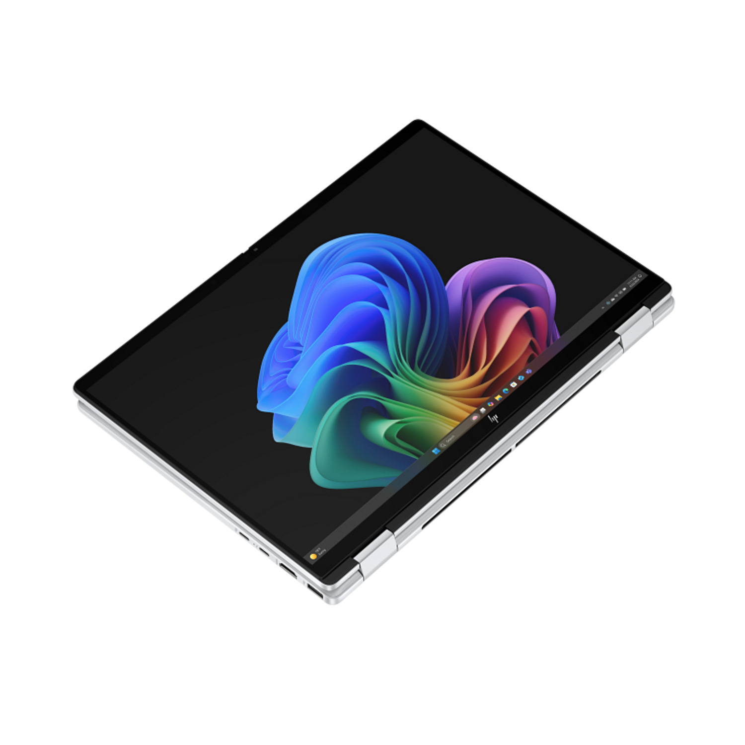 An HP laptop is displayed diagonally. The screen shows a colorful, swirling graphic. The laptop is silver with a black screen.