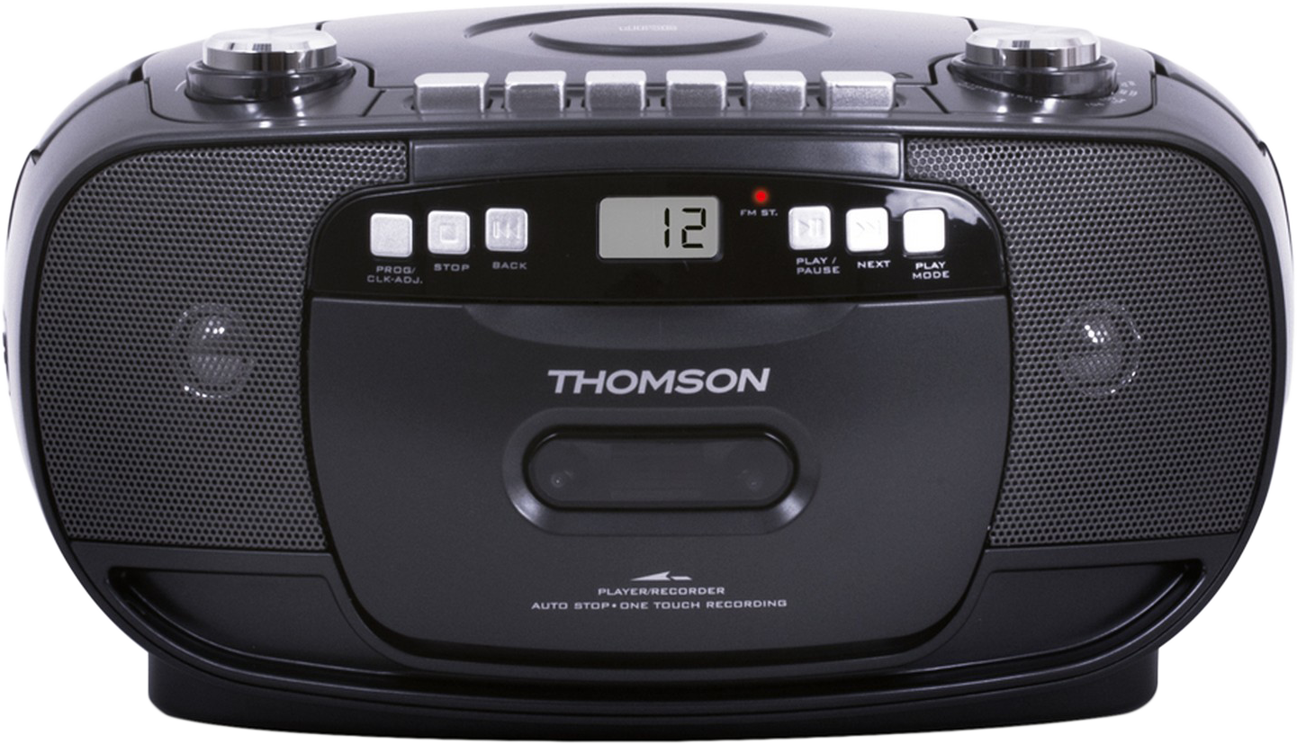 Egy fekete Thomson boombox. Hangszórók, '12'-t mutató kijelző és lejátszás, szünet és egyéb funkciók gombjai vannak.