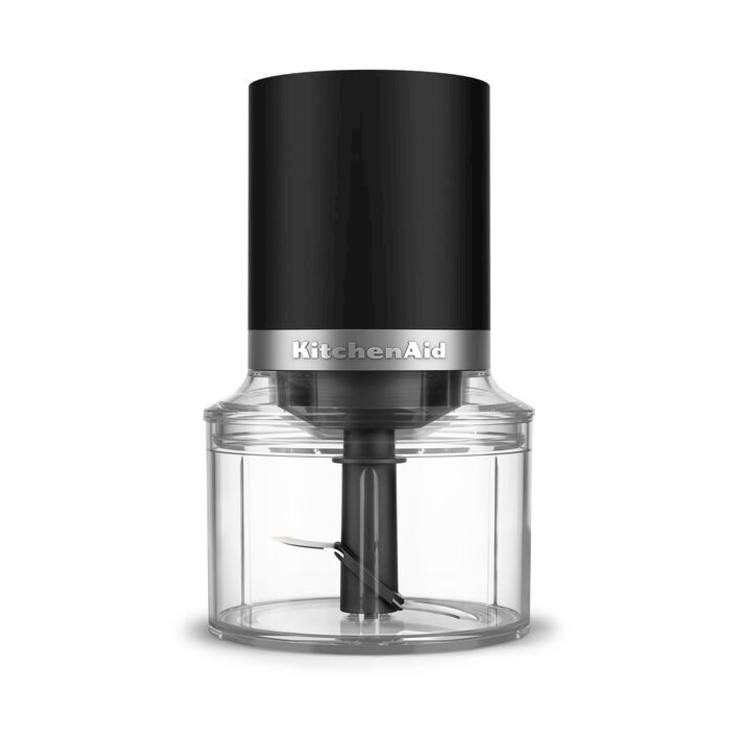 Un tritatutto KitchenAid. Ha un motore nero, un contenitore trasparente e una lama argentata. Il marchio è visibile.