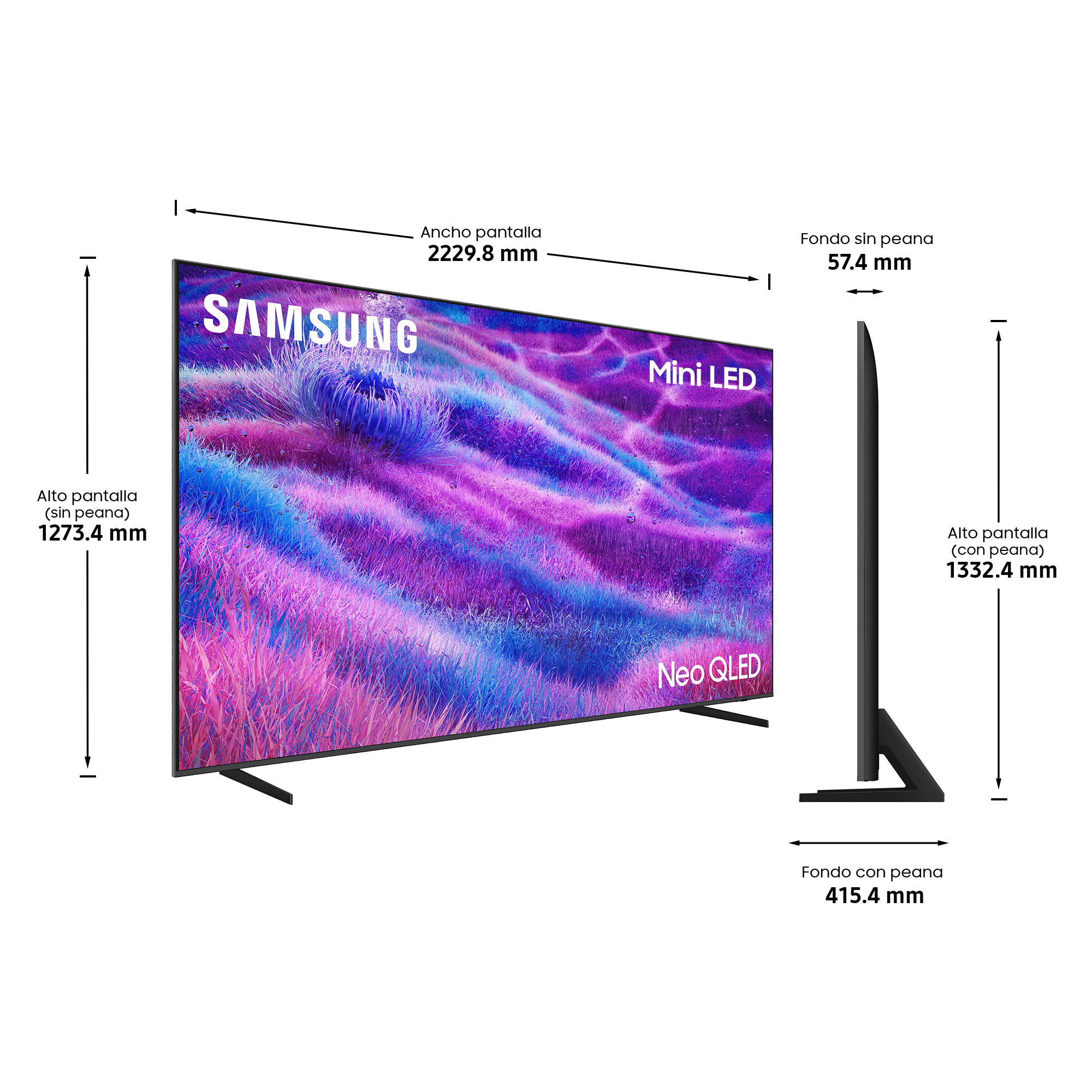 Se muestra un televisor Samsung Neo QLED. Las dimensiones y medidas están etiquetadas en la pantalla y la vista lateral.