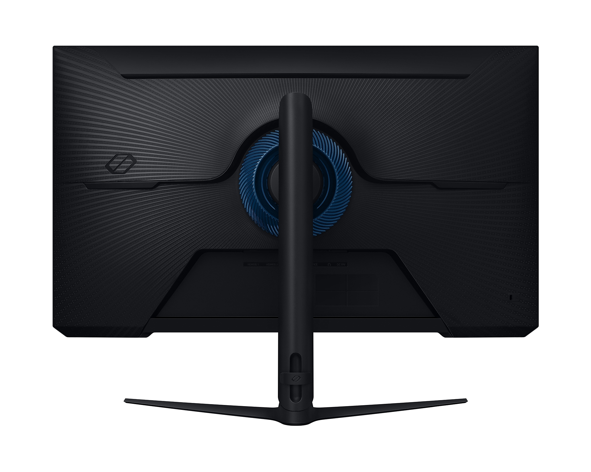 Rückseite eines schwarzen Computermonitors. Er hat einen Ständer. Ein blaues Design befindet sich in der Mitte.