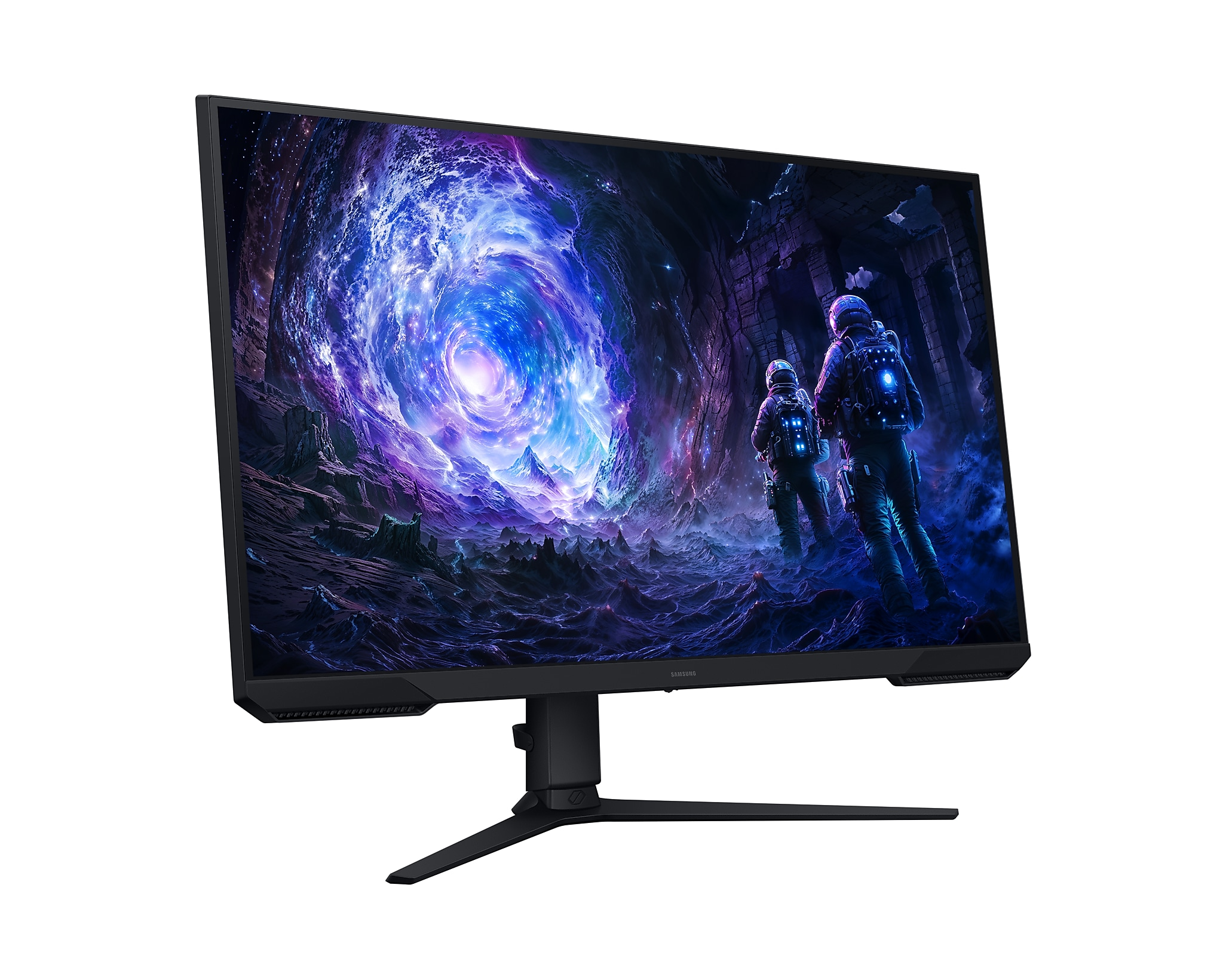 Ein Computermonitor zeigt eine kosmische Szene mit Astronauten. Der Monitor ist schwarz und hat einen Ständer. Der Hintergrund ist Weltraum.