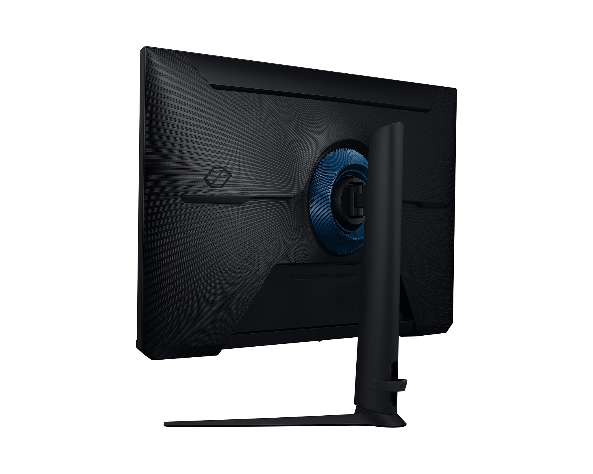 Rückansicht eines schwarzen Monitors mit blauen Akzenten. Der Ständer ist schwarz. Der Hintergrund ist weiß.